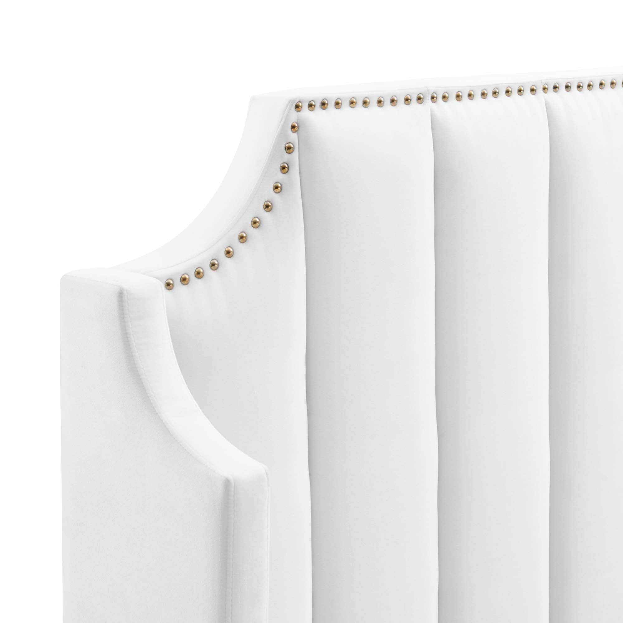 Gensho Performance Velvet Queen Platform Bed – White Wingback with Gold Metal Legs