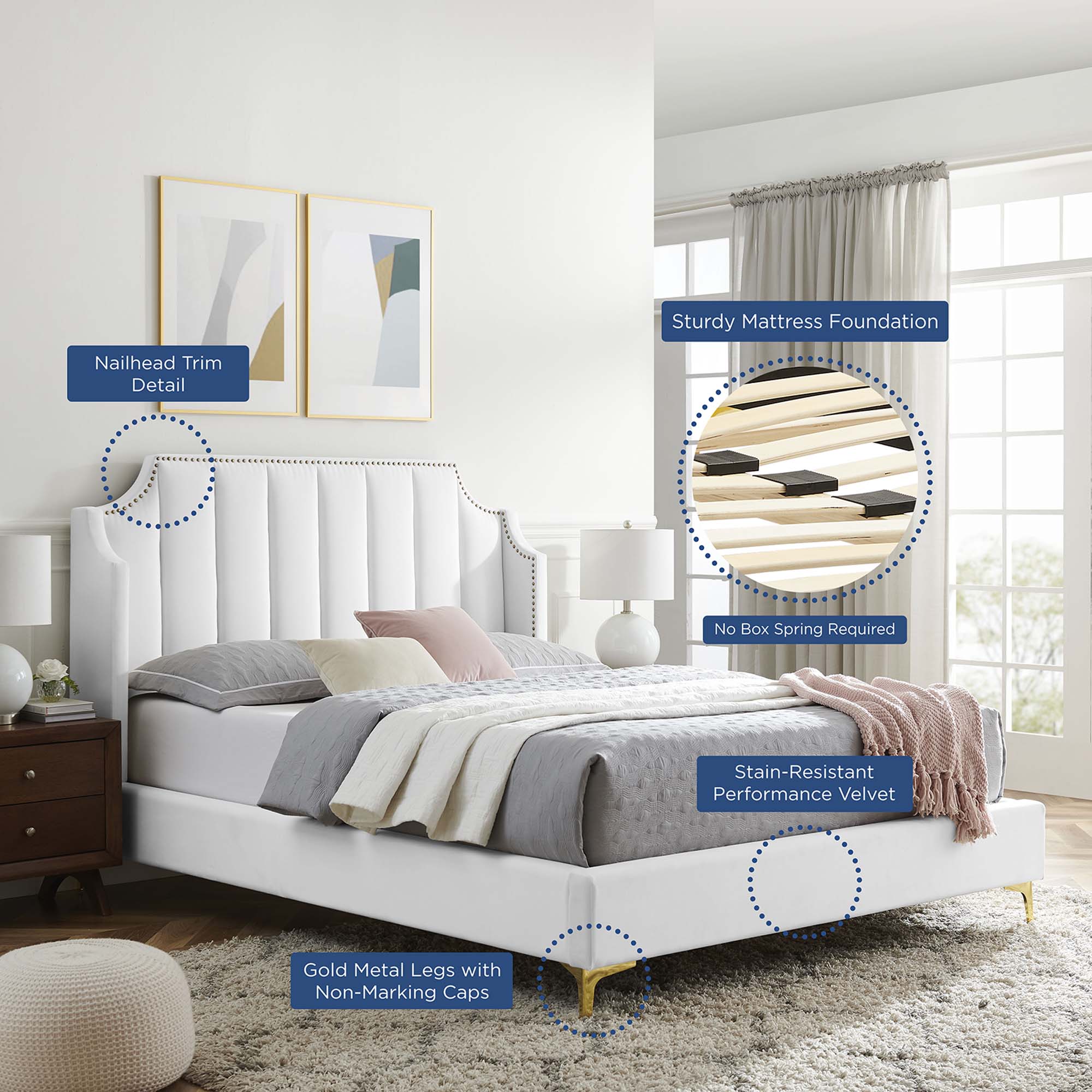 Gensho Performance Velvet Queen Platform Bed – White Wingback with Gold Metal Legs