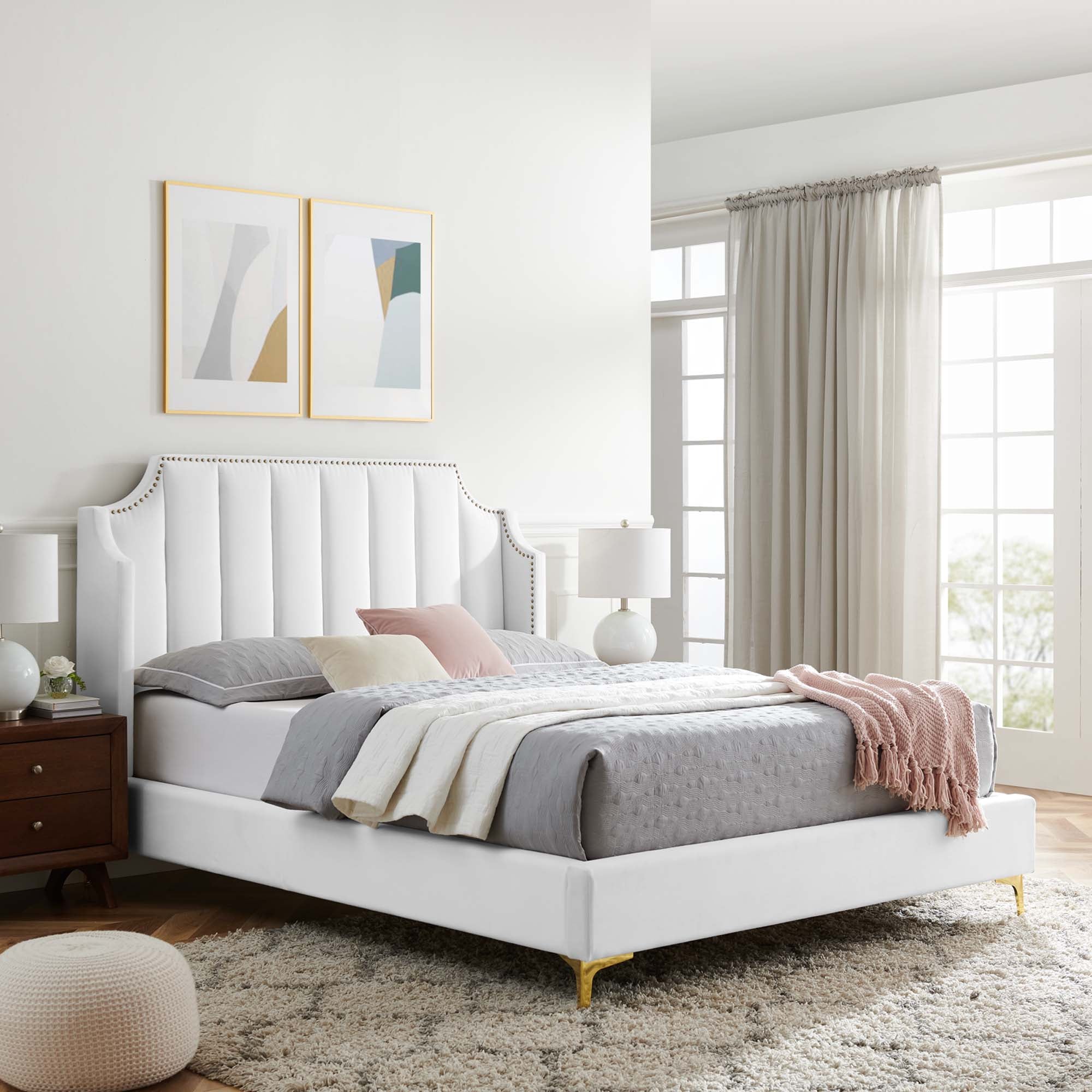 Gensho Performance Velvet Queen Platform Bed – White Wingback with Gold Metal Legs