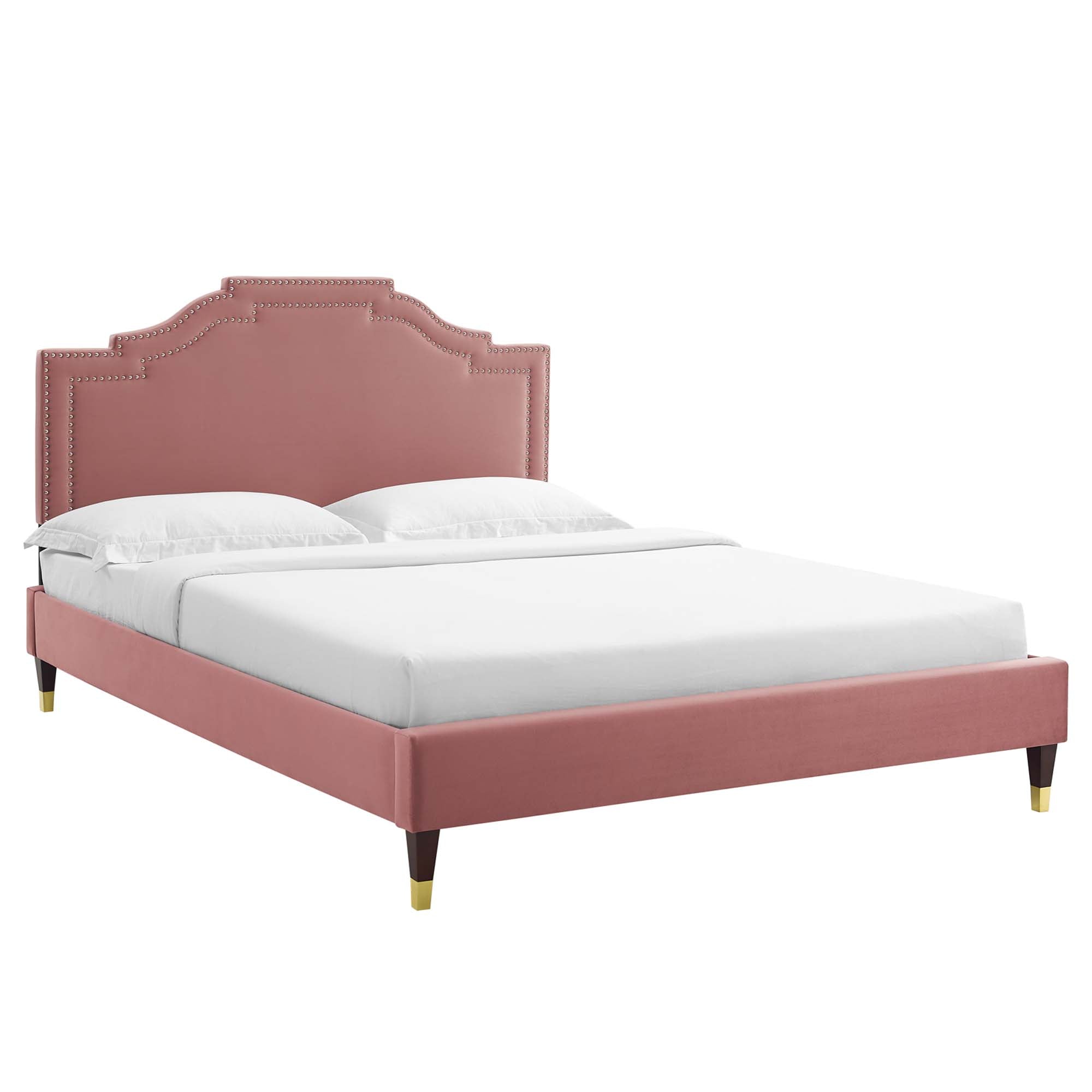 Mori Adelaide Collection Queen Platform Bed Dusty Pink Velvet – Low Profile Upholstered Frame