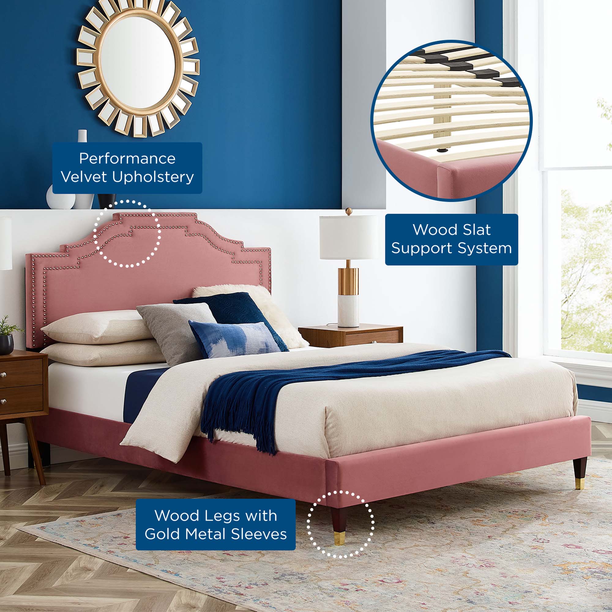 Mori Adelaide Collection Queen Platform Bed Dusty Pink Velvet – Low Profile Upholstered Frame