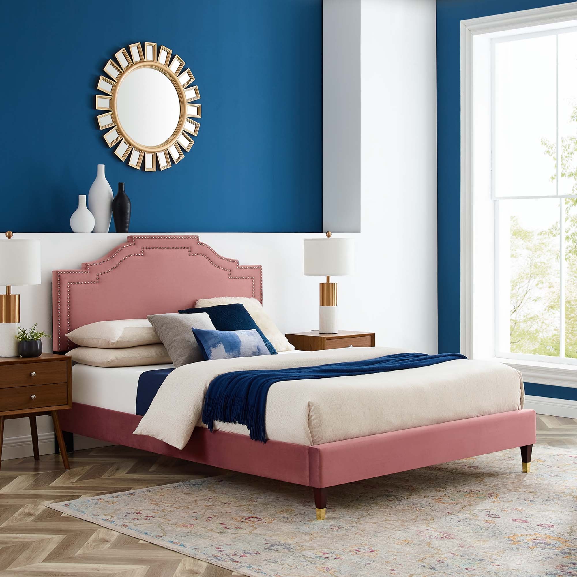 Mori Adelaide Collection Queen Platform Bed Dusty Pink Velvet – Low Profile Upholstered Frame