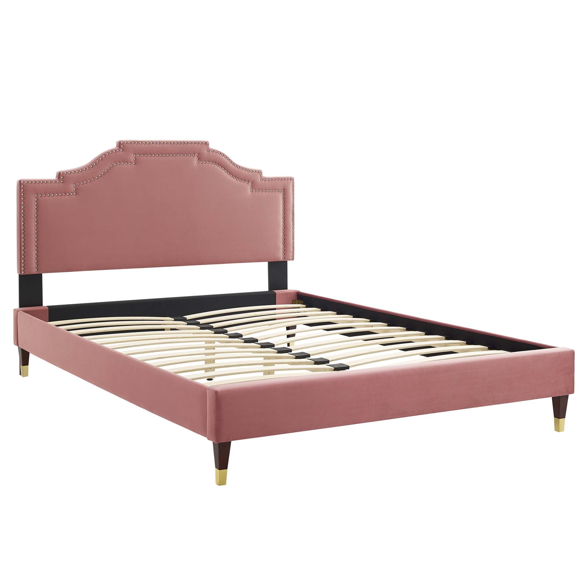 Mori Adelaide Collection Queen Platform Bed Dusty Pink Velvet – Low Profile Upholstered Frame