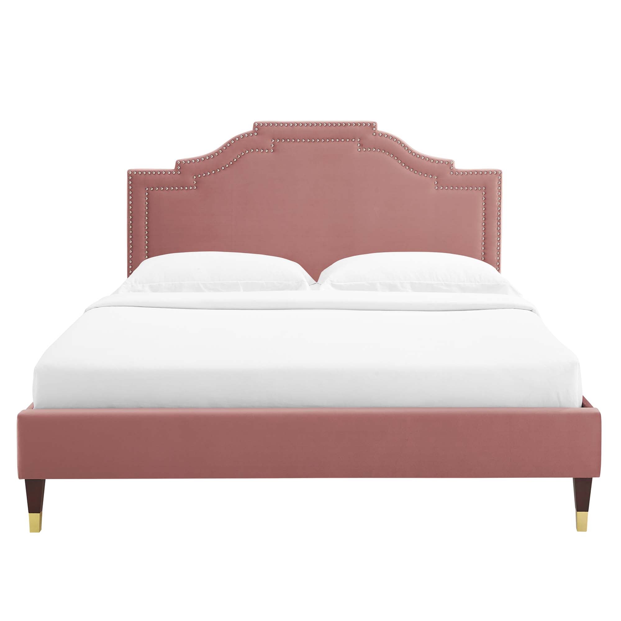 Mori Adelaide Collection Queen Platform Bed Dusty Pink Velvet – Low Profile Upholstered Frame