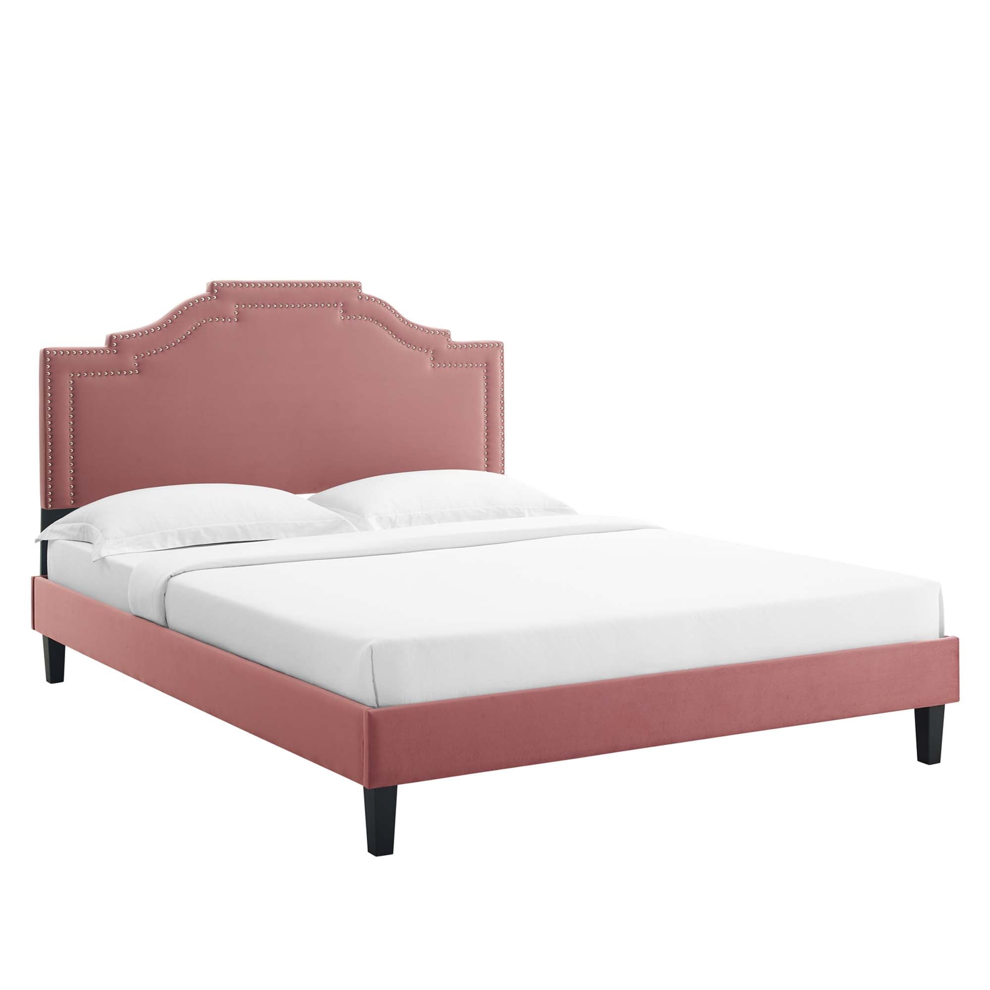 Mori Adelaide Collection Queen Platform Bed in Dusty Rose Velvet – Chic Button-Tufted Headboard
