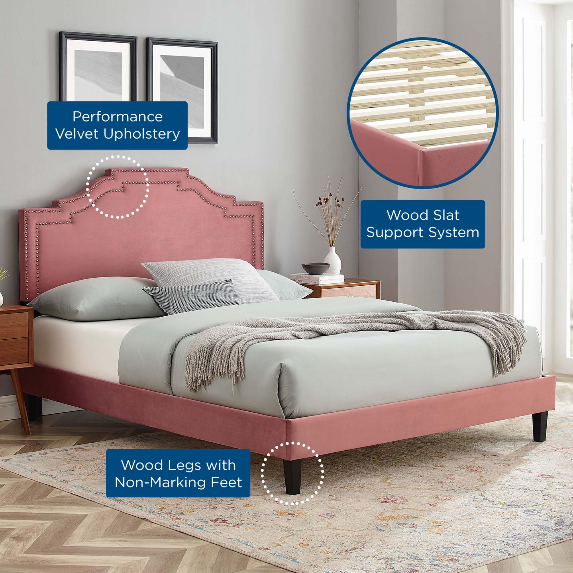 Mori Adelaide Collection Queen Platform Bed in Dusty Rose Velvet – Chic Button-Tufted Headboard