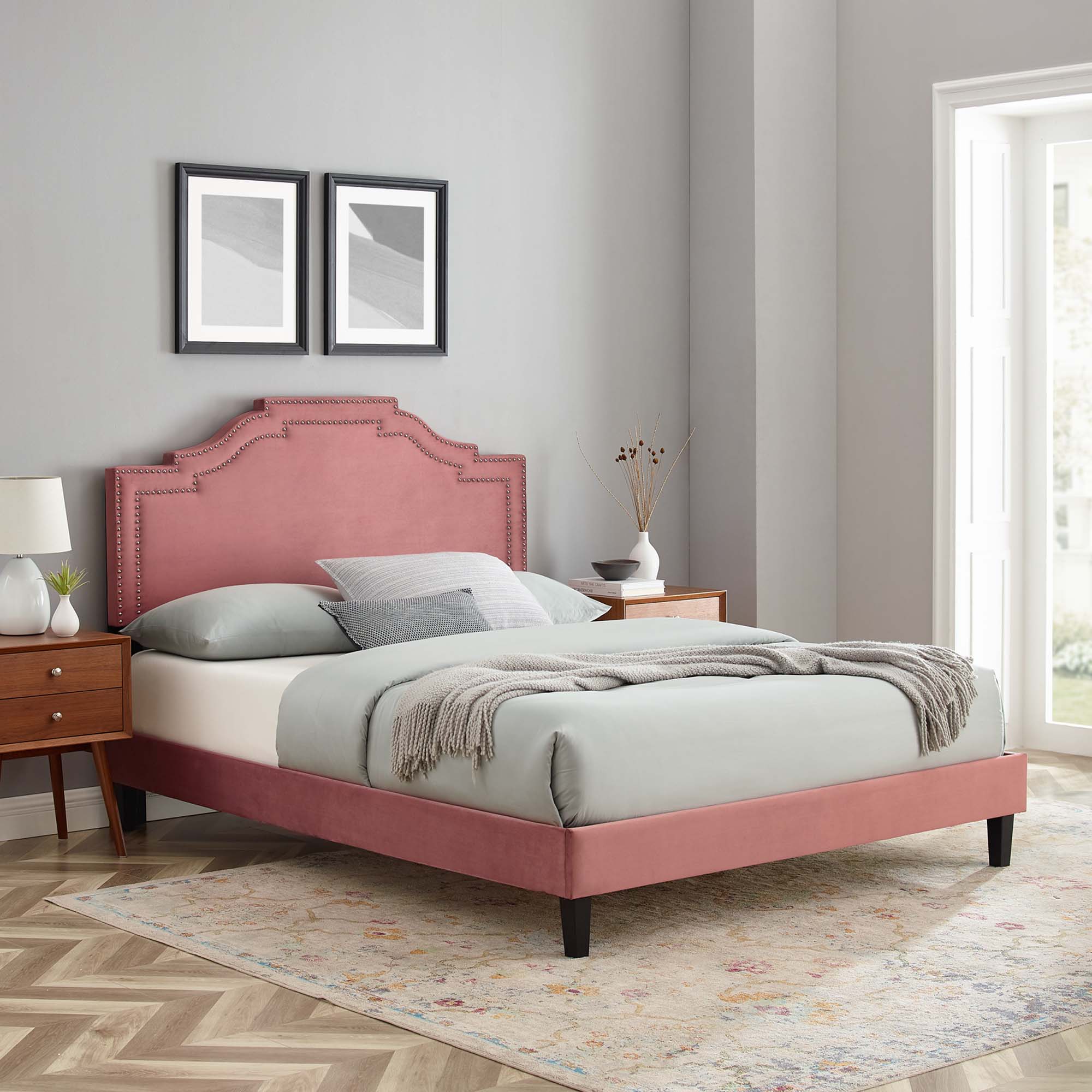 Mori Adelaide Collection Queen Platform Bed in Dusty Rose Velvet – Chic Button-Tufted Headboard