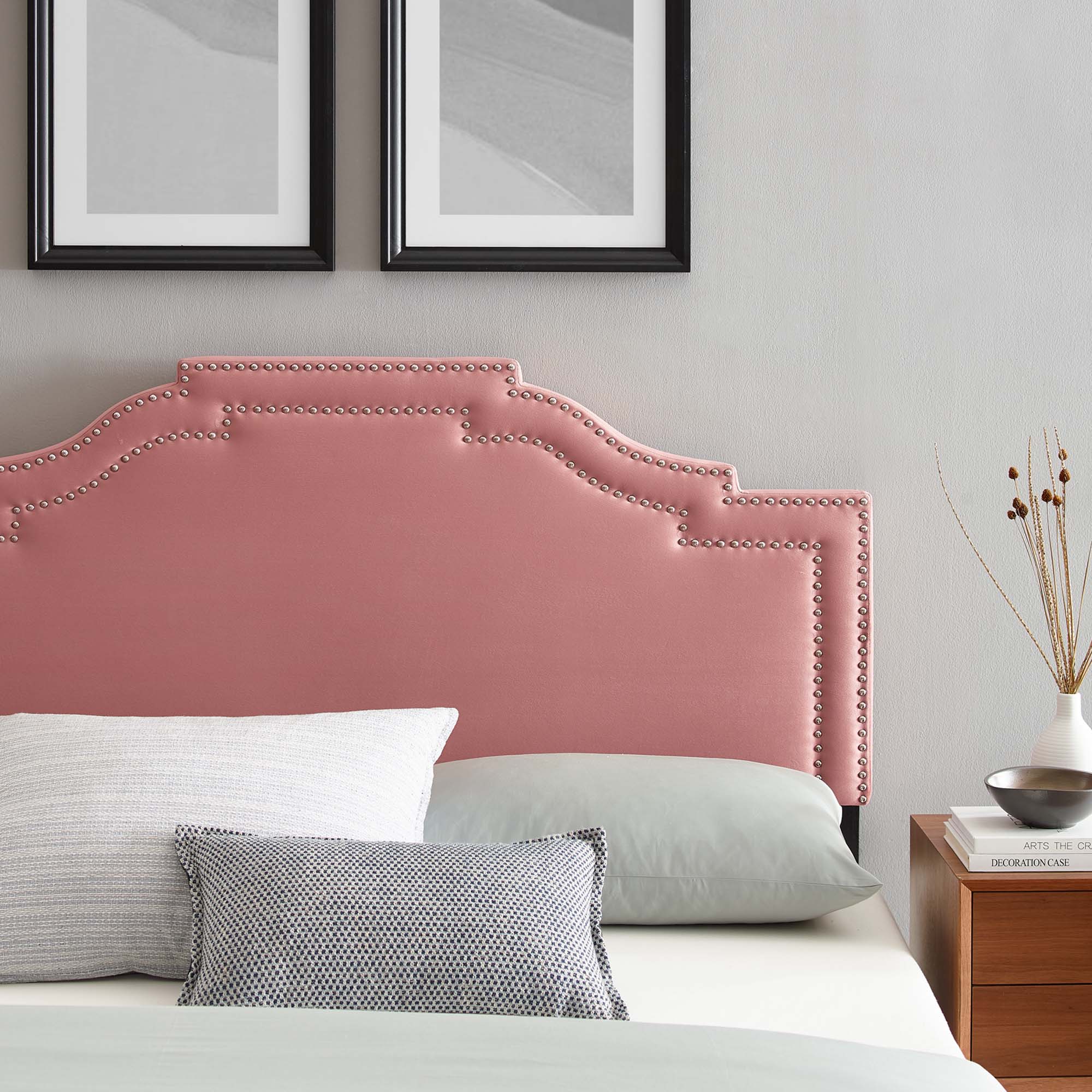 Mori Adelaide Collection Queen Platform Bed in Dusty Rose Velvet – Chic Button-Tufted Headboard