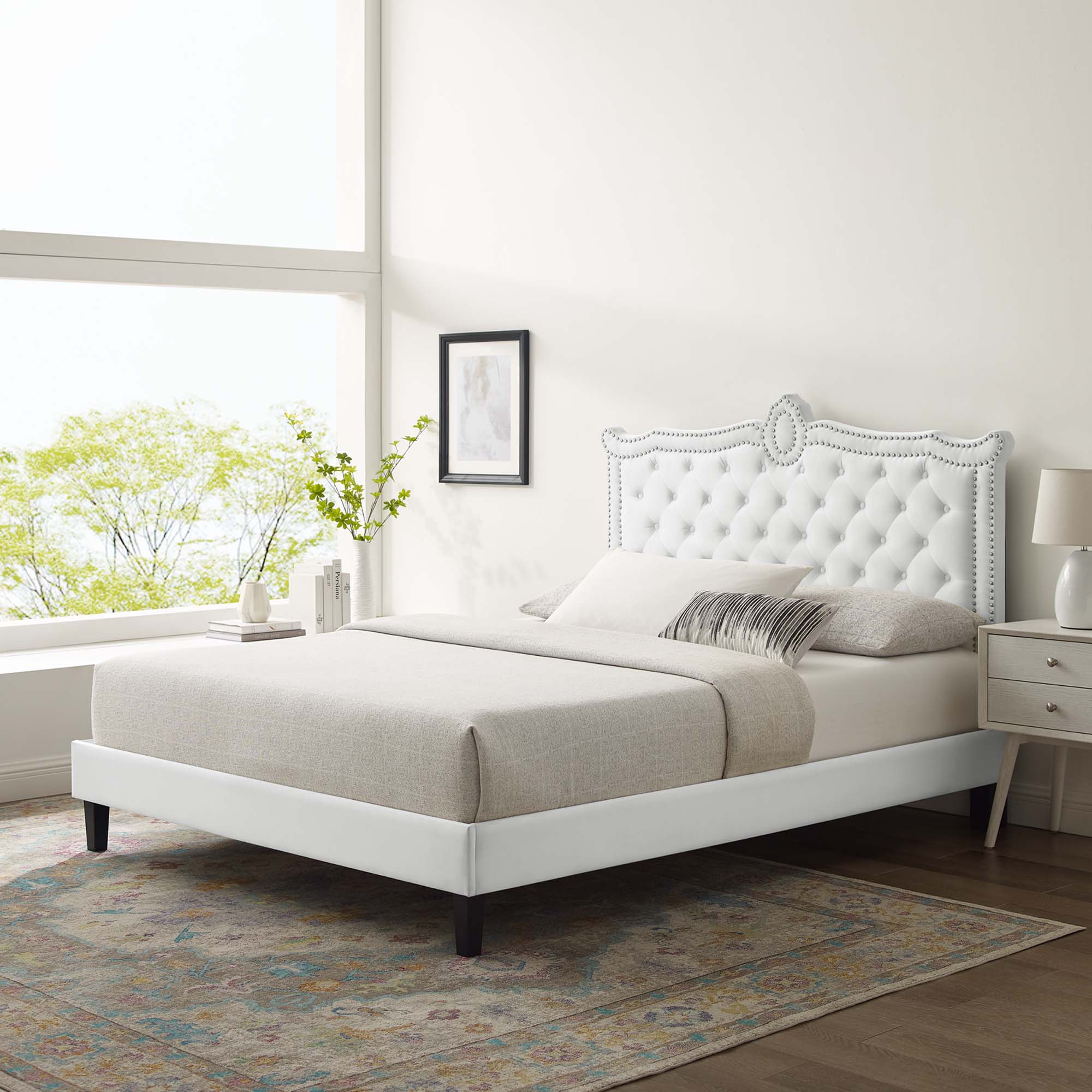 Clara White Performance Velvet Queen Platform Bed
