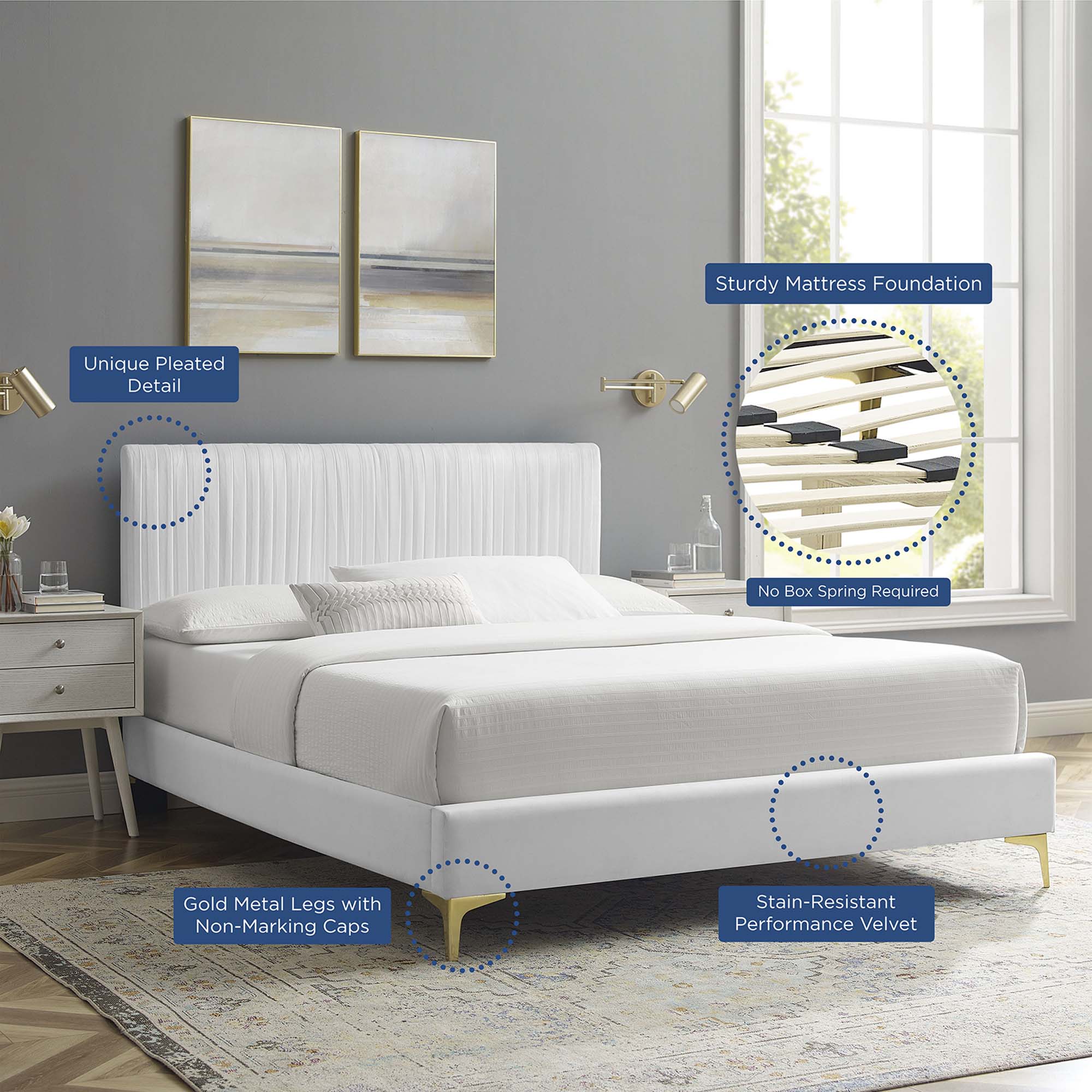 Peyton White Performance Velvet Queen Platform Bed