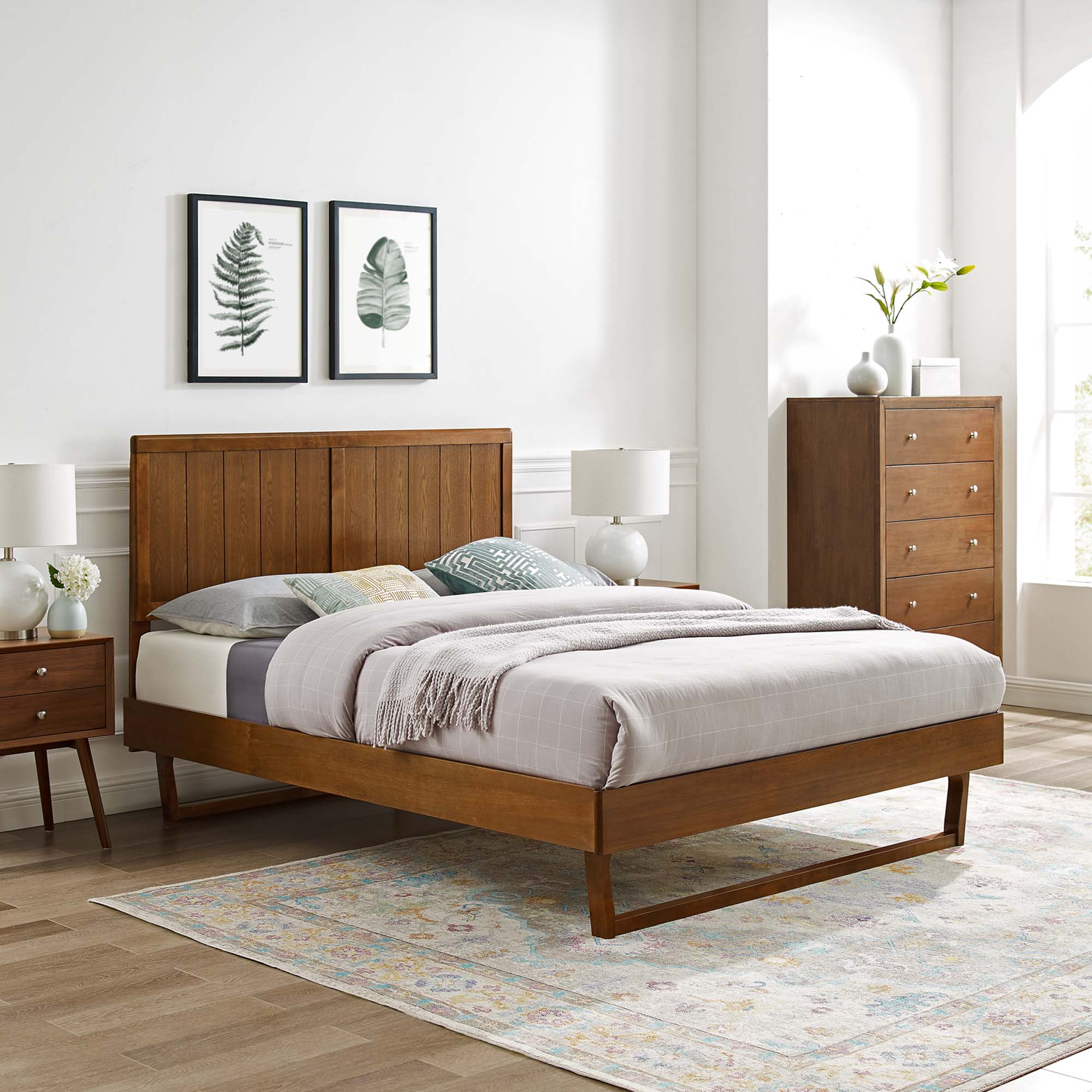 Vasco Alana Collection Full Walnut Wooden Bed Modern Platform Design with Splayed Legs