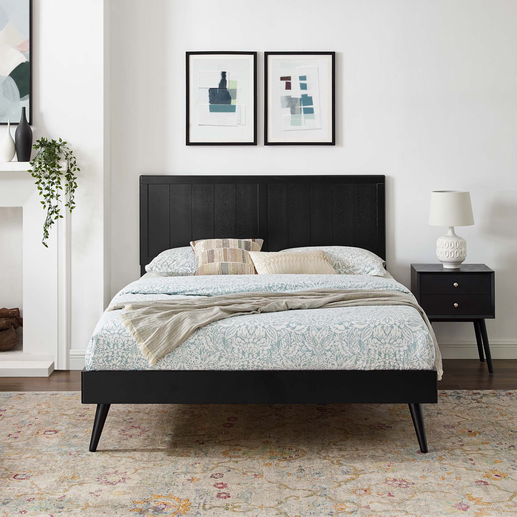 Vasco Alana Full Black Wood Platform Bed Mid-Century Splayed Legs