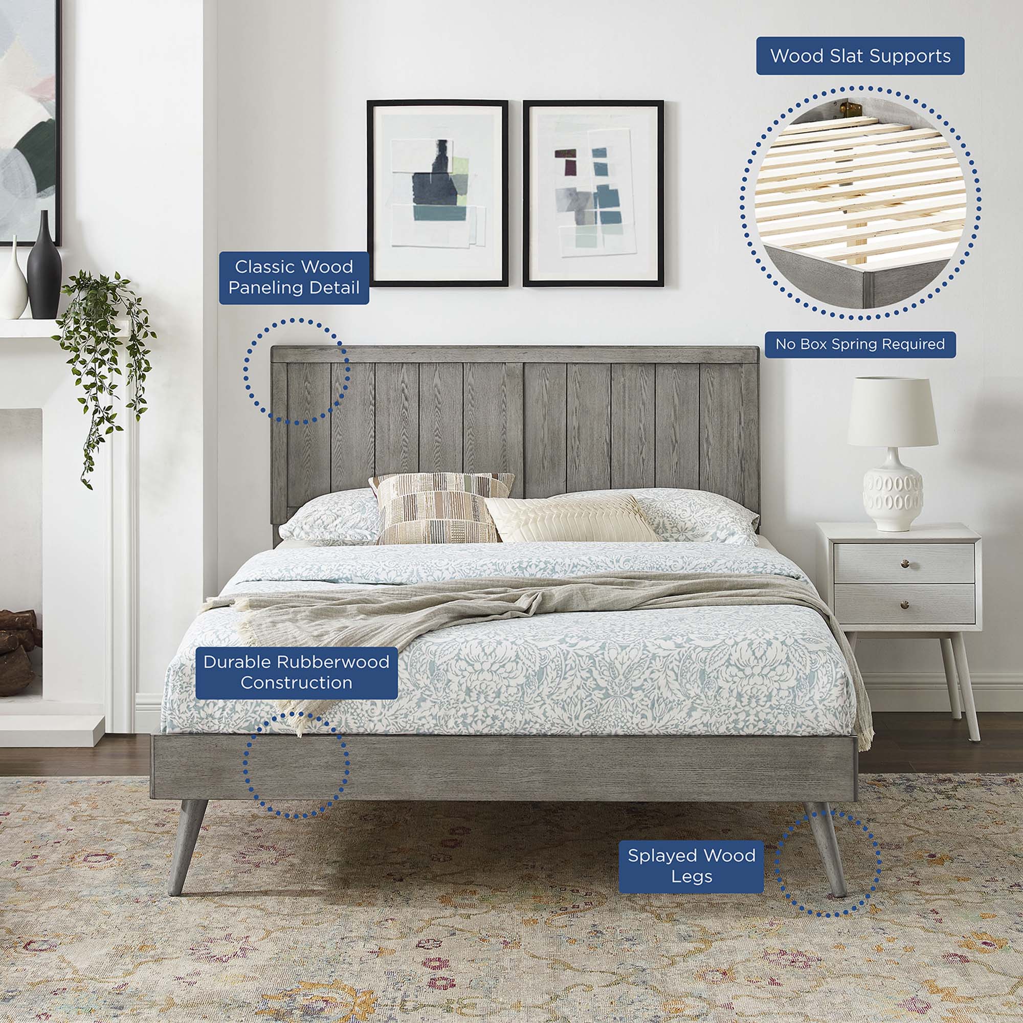 Vasco Alana Twin Gray Wood Platform Bed – Mid-Century Style with Splayed Legs