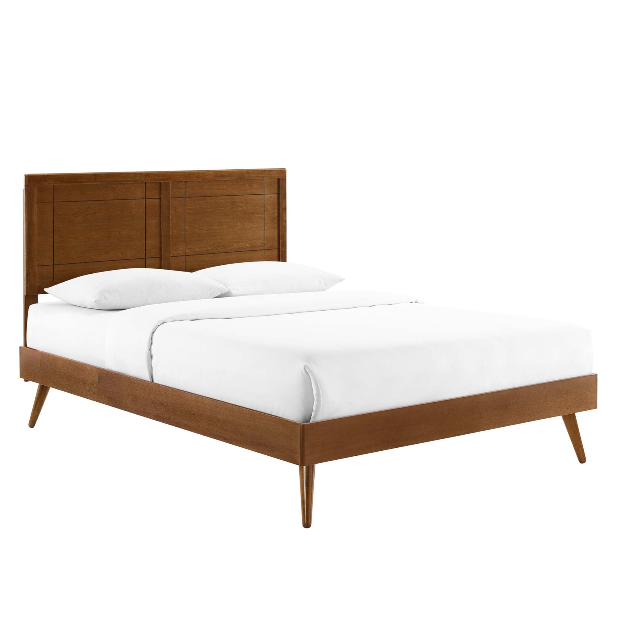 Vision Full Size Walnut Platform Bed – Modern Wood Frame with Window Pane Headboard