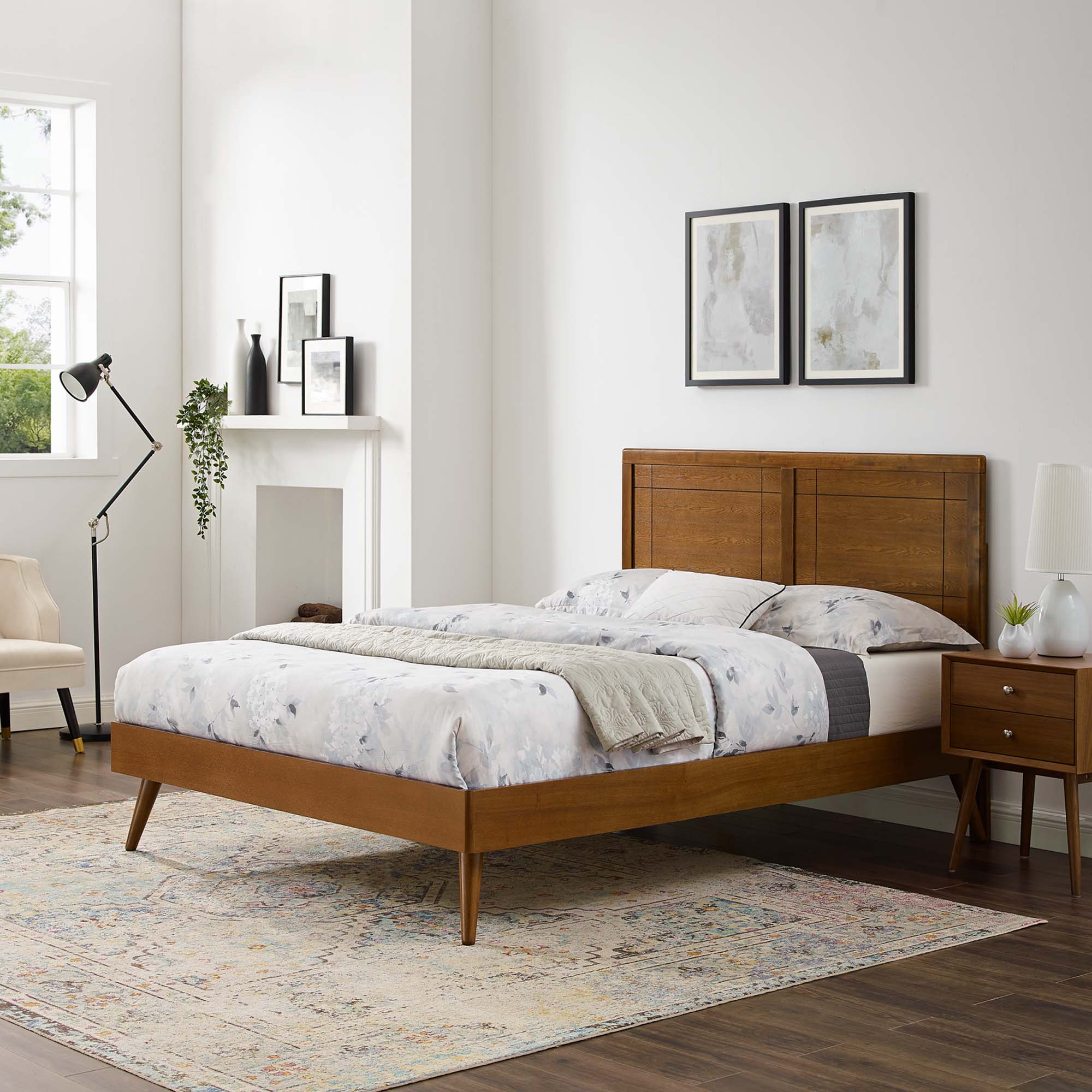Vision Full Size Walnut Platform Bed – Modern Wood Frame with Window Pane Headboard