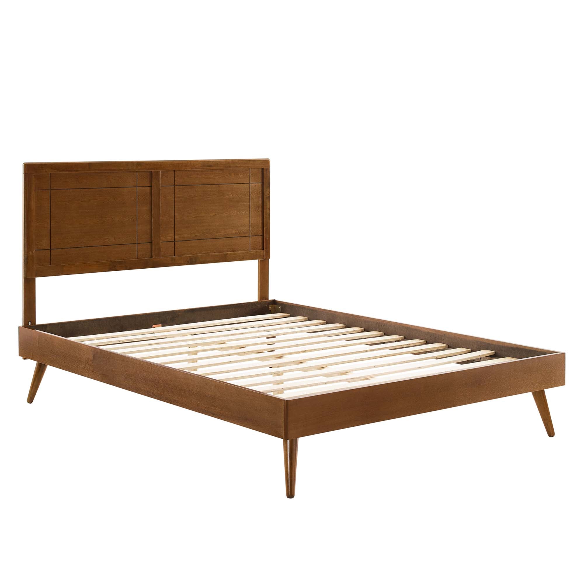 Vision Full Size Walnut Platform Bed – Modern Wood Frame with Window Pane Headboard