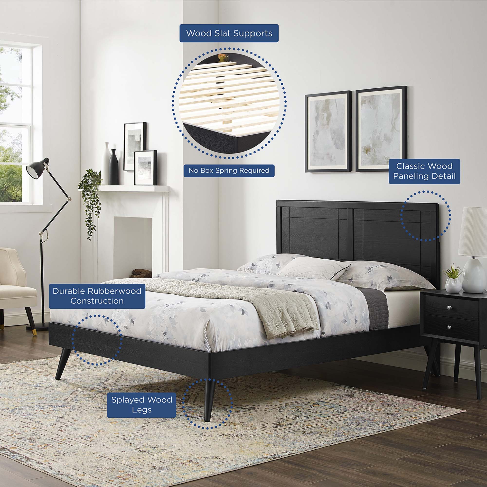 Marlee Wood King Platform Bed With Splayed Legs, Black