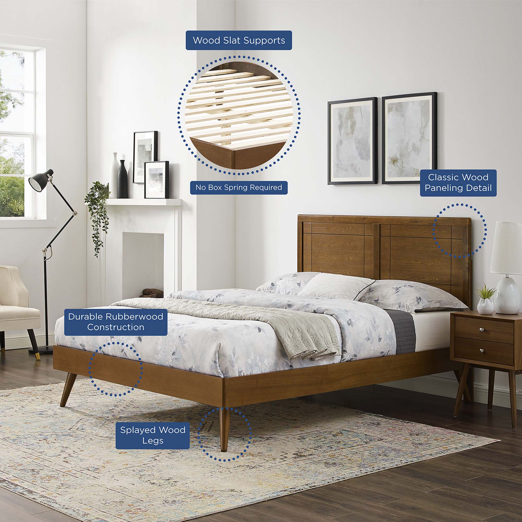 Marlee Wood King Platform Bed With Splayed Legs, Walnut