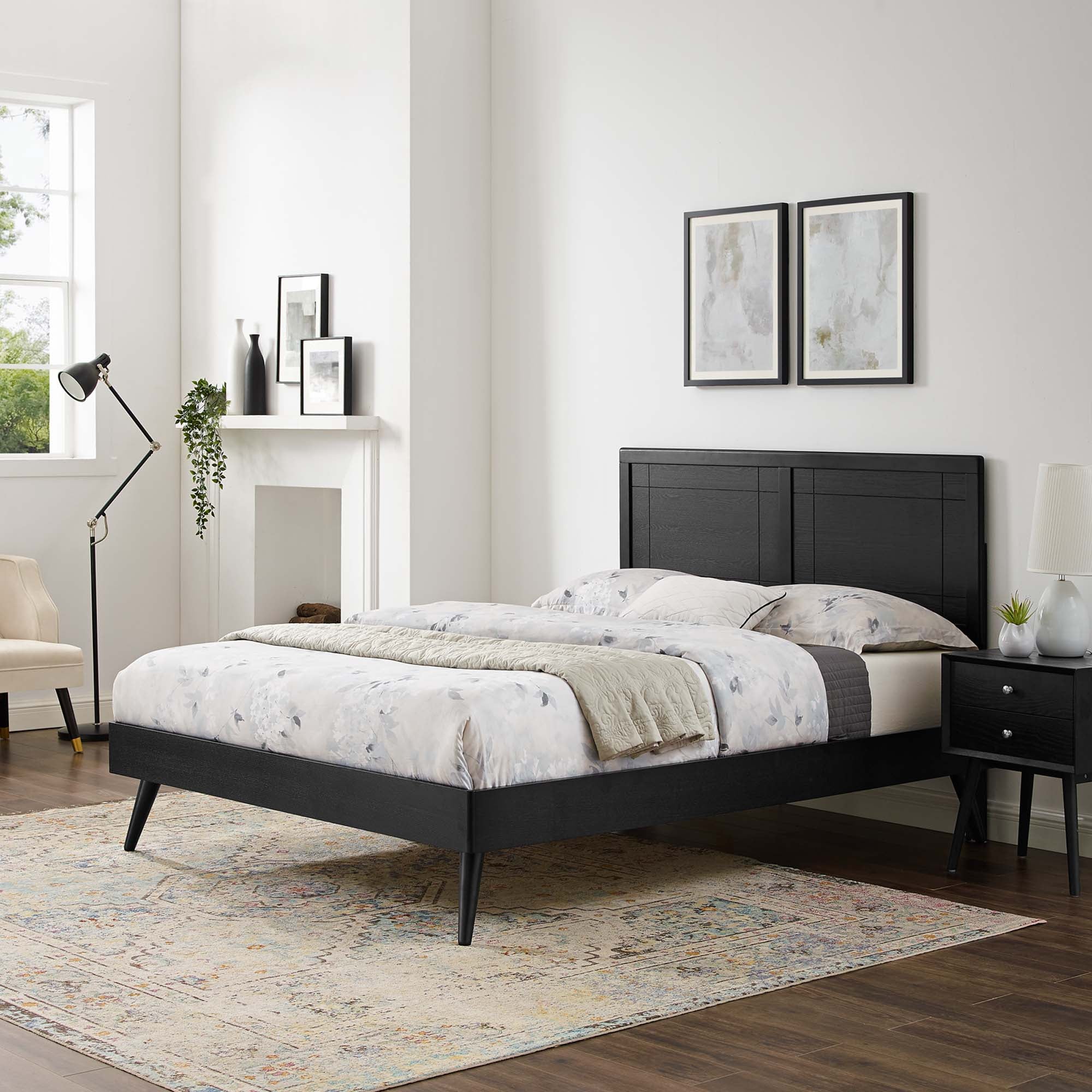 Brighton Twin Wood Platform Bed Frame – Black Finish with Window Pane Headboard