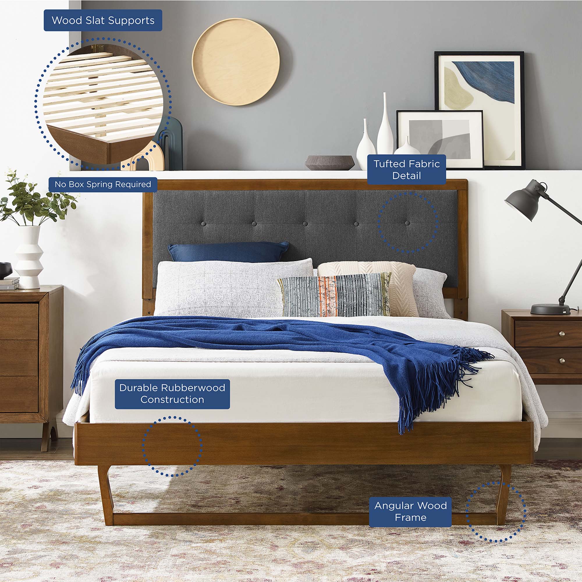 Zane Full Bed in Walnut & Charcoal Wood – Minimalist Angular Platform Style