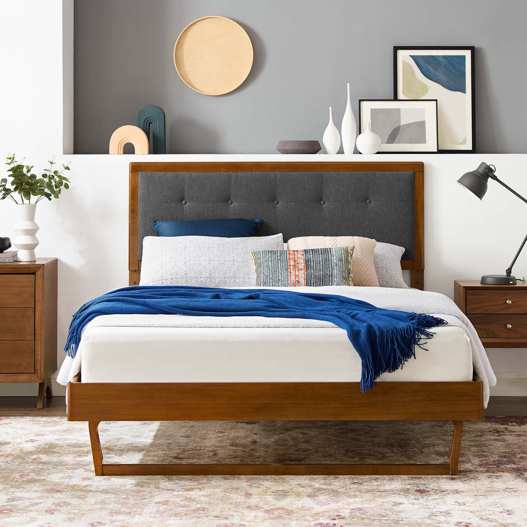 Zane Full Bed in Walnut & Charcoal Wood – Minimalist Angular Platform Style