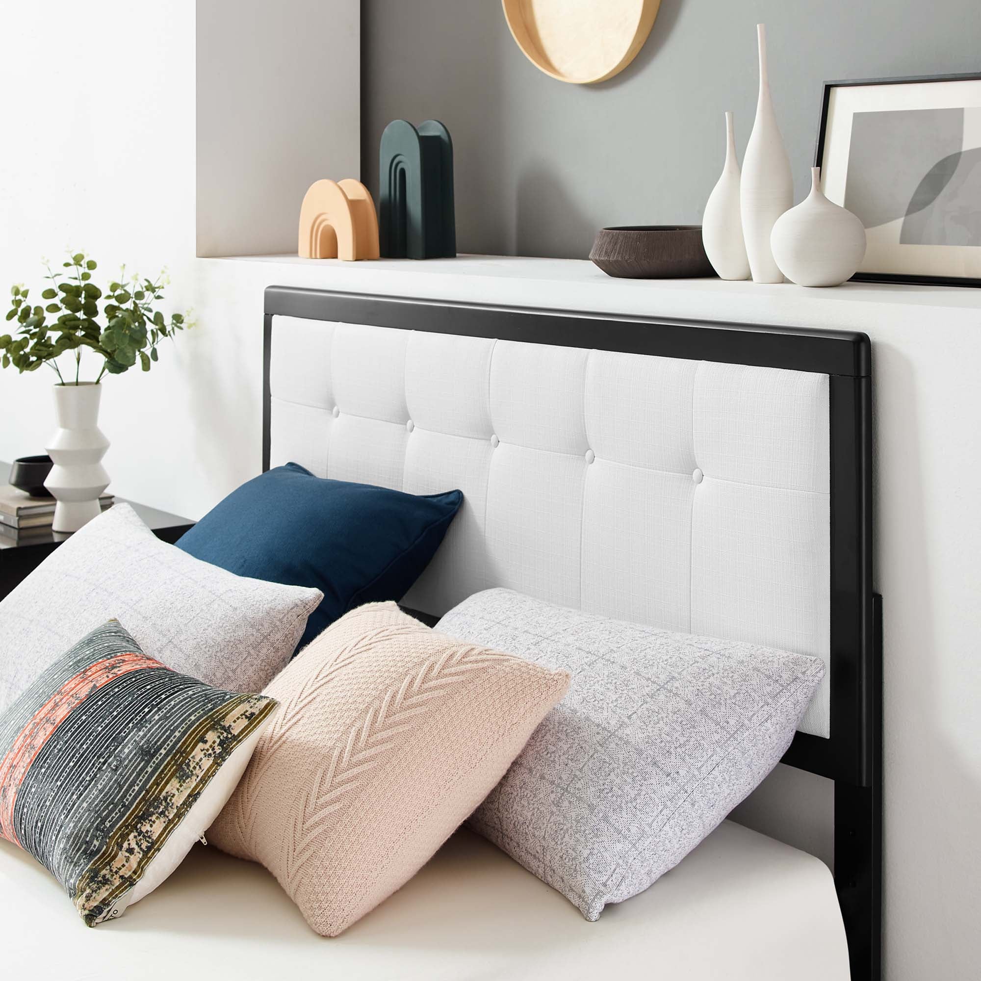 Elsie Ivory Queen Performance Velvet Bed – Tufted Headboard & Nailhead Detail