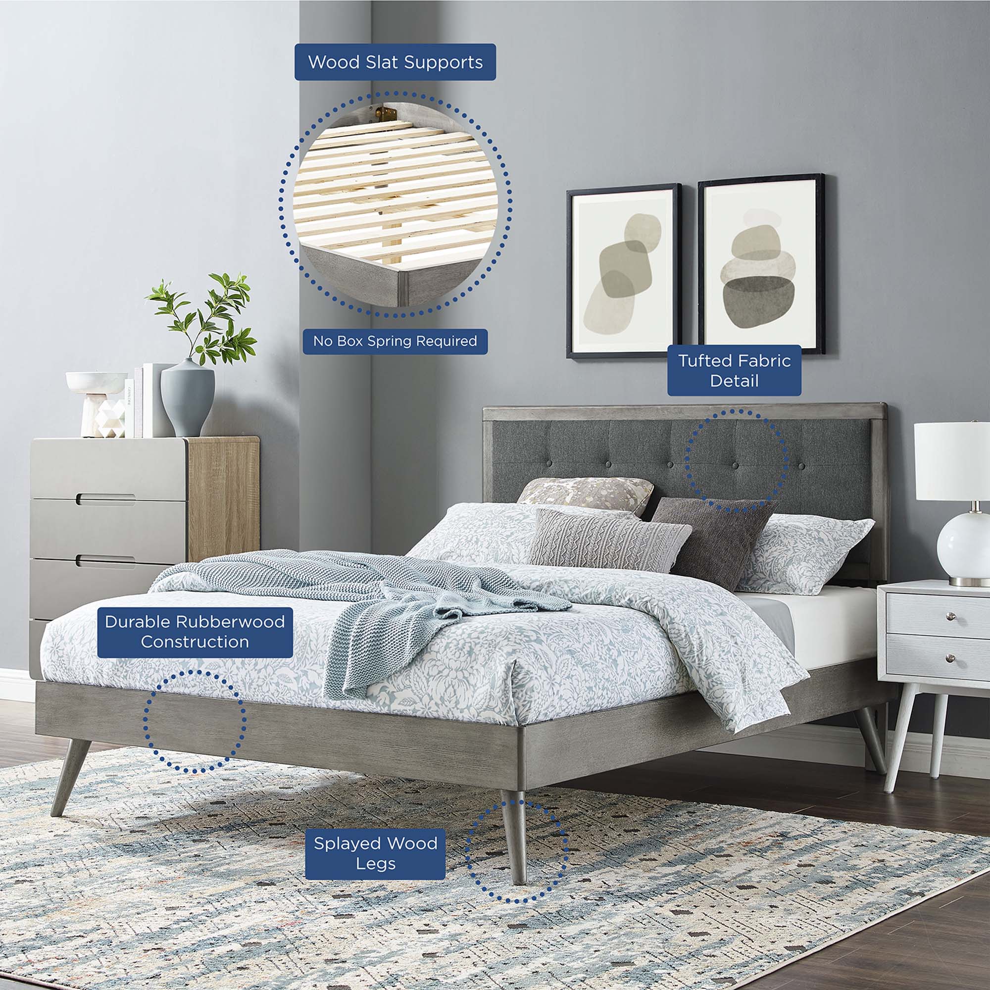 Frey Full Wood Platform Bed – Tufted Headboard with Splayed Legs