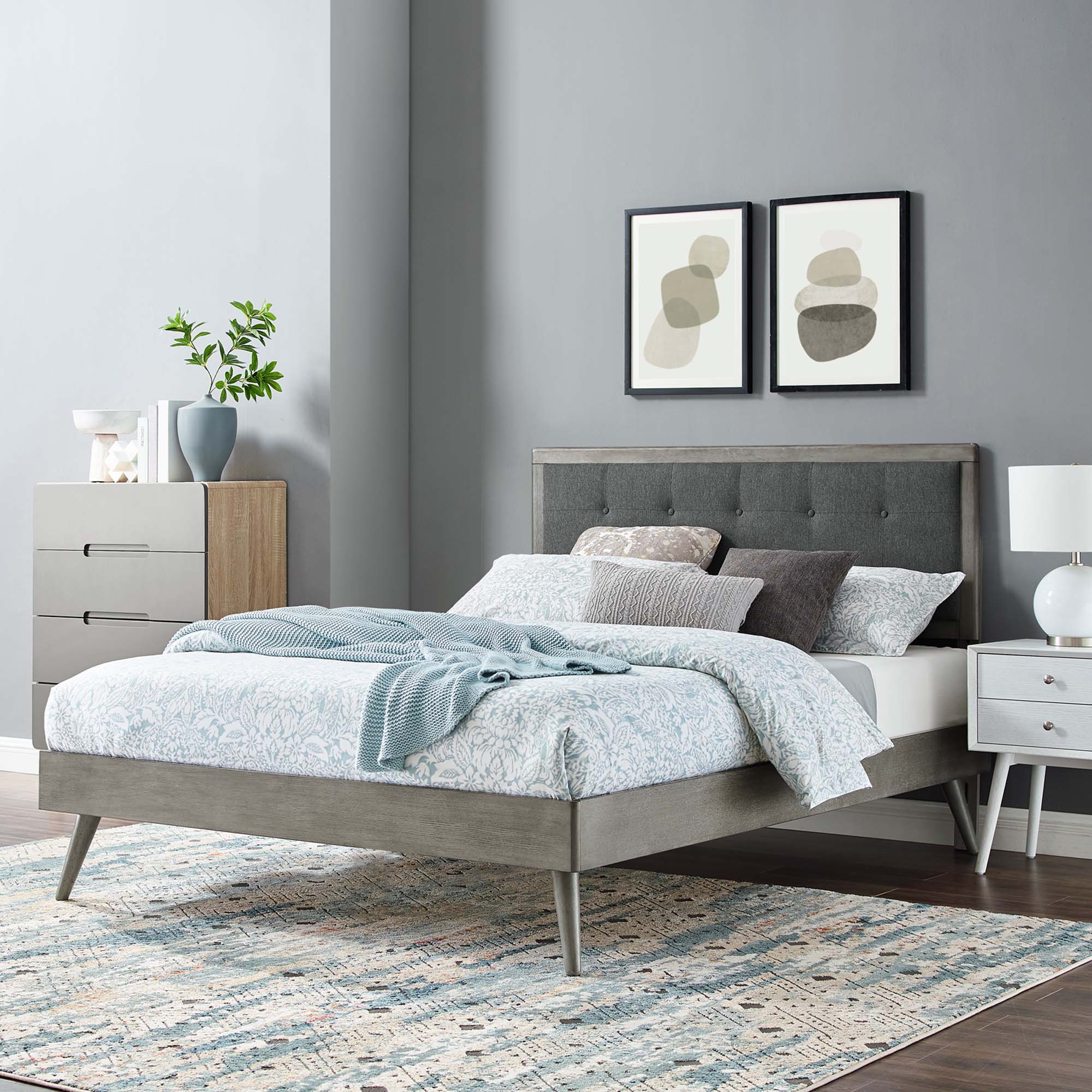 Frey Full Wood Platform Bed – Tufted Headboard with Splayed Legs