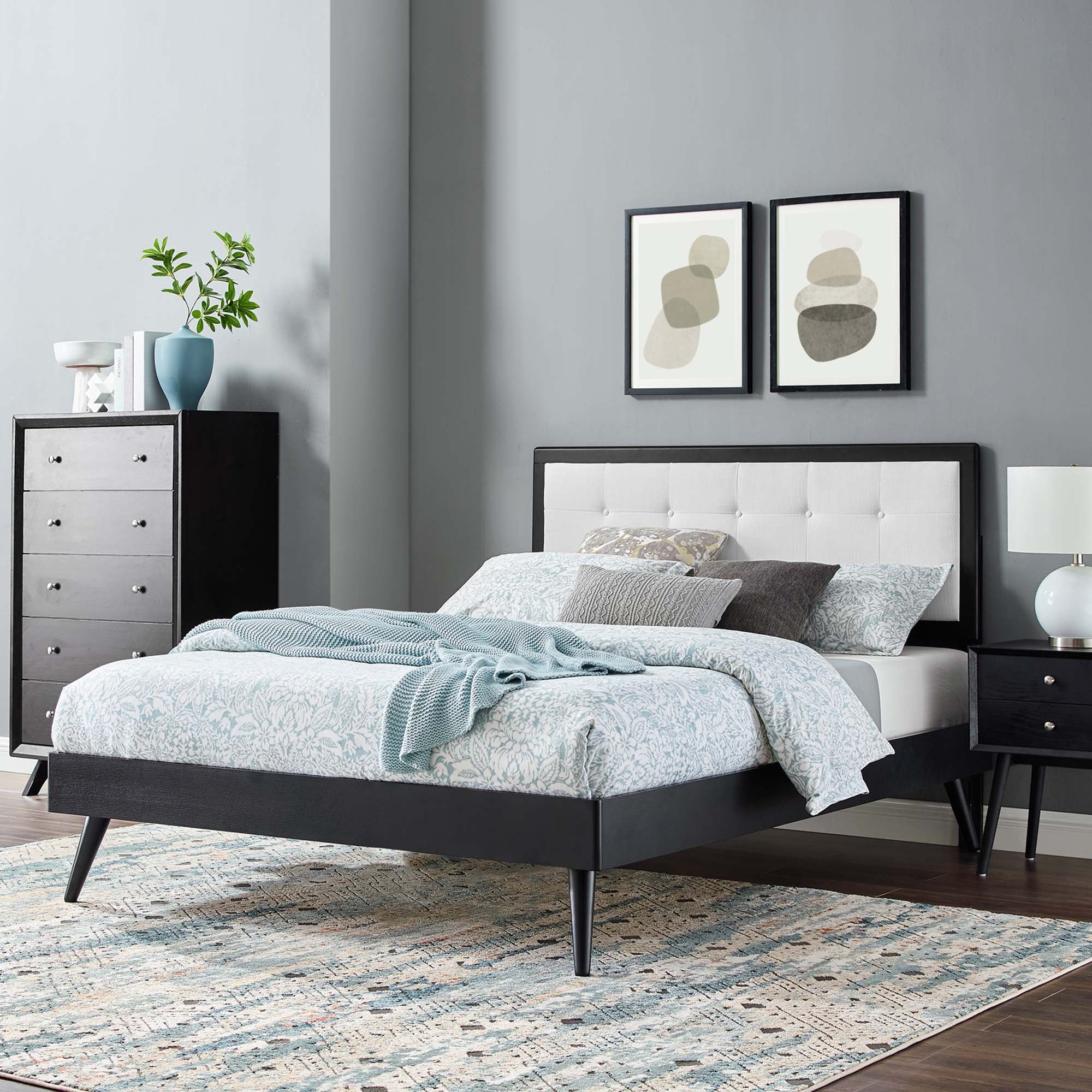 Willow Wood King Platform Bed With Splayed Legs, Black White
