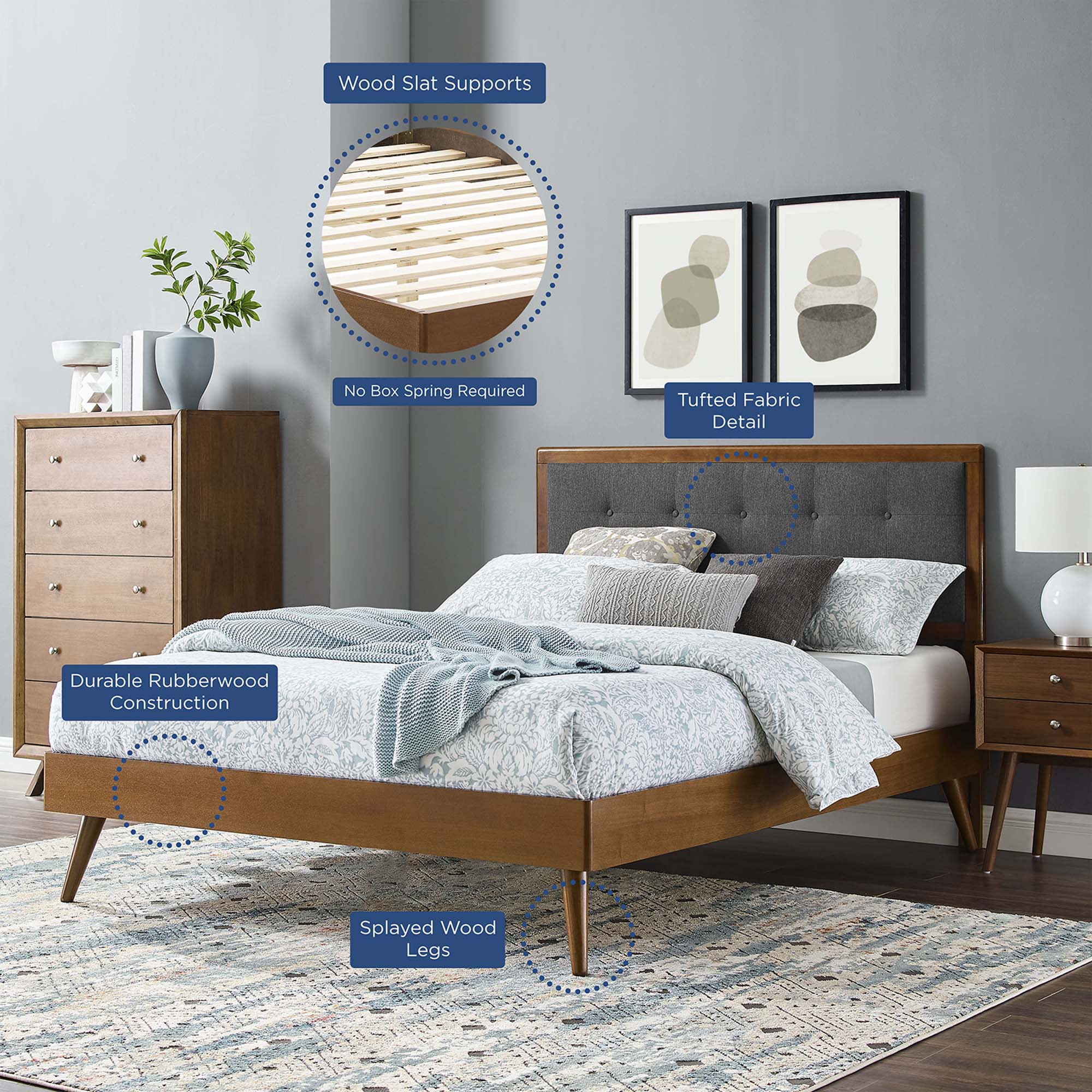 Willow Wood King Platform Bed With Splayed Legs, Walnut Charcoal