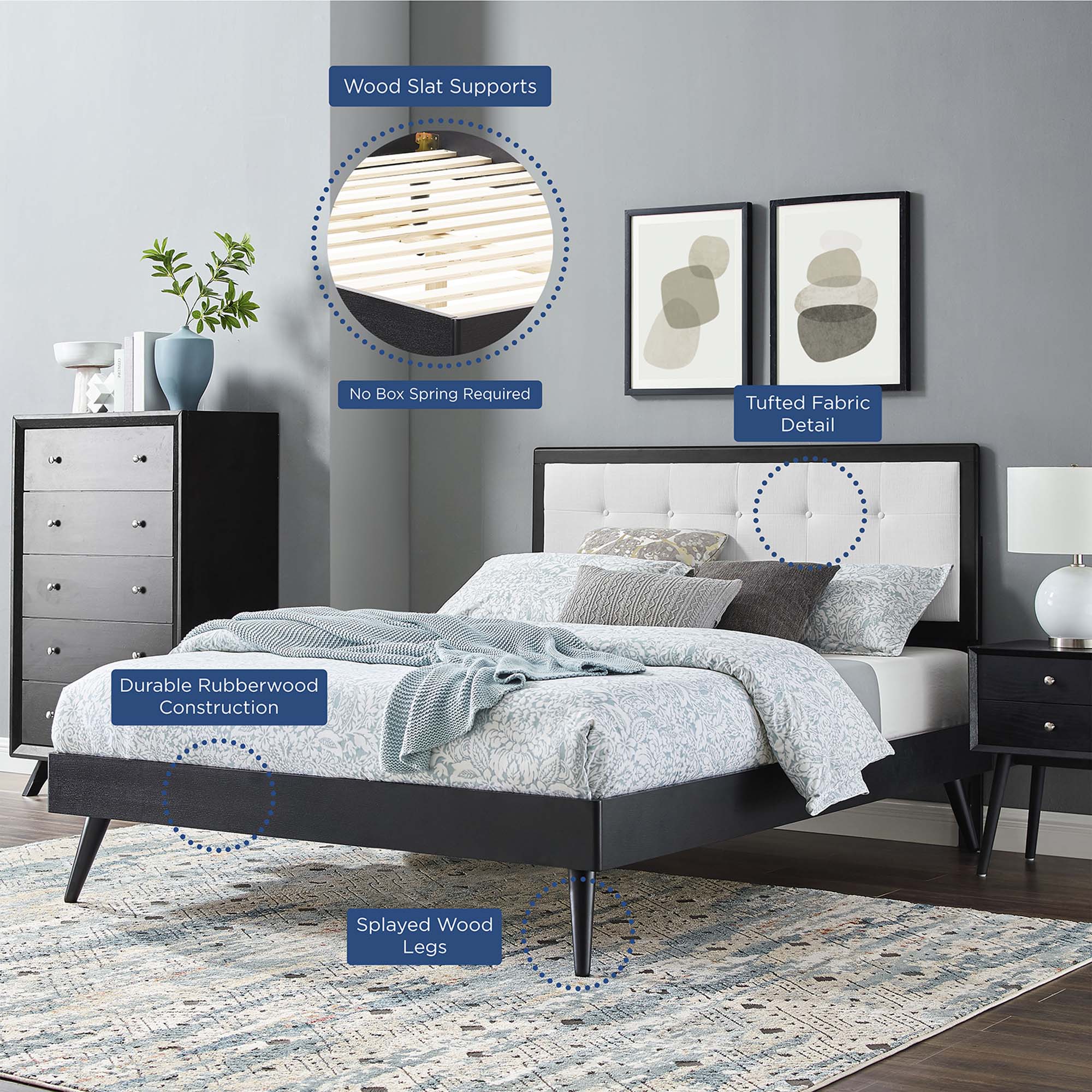 Calder Twin Platform Bed – Wood Construction with Button Tufting