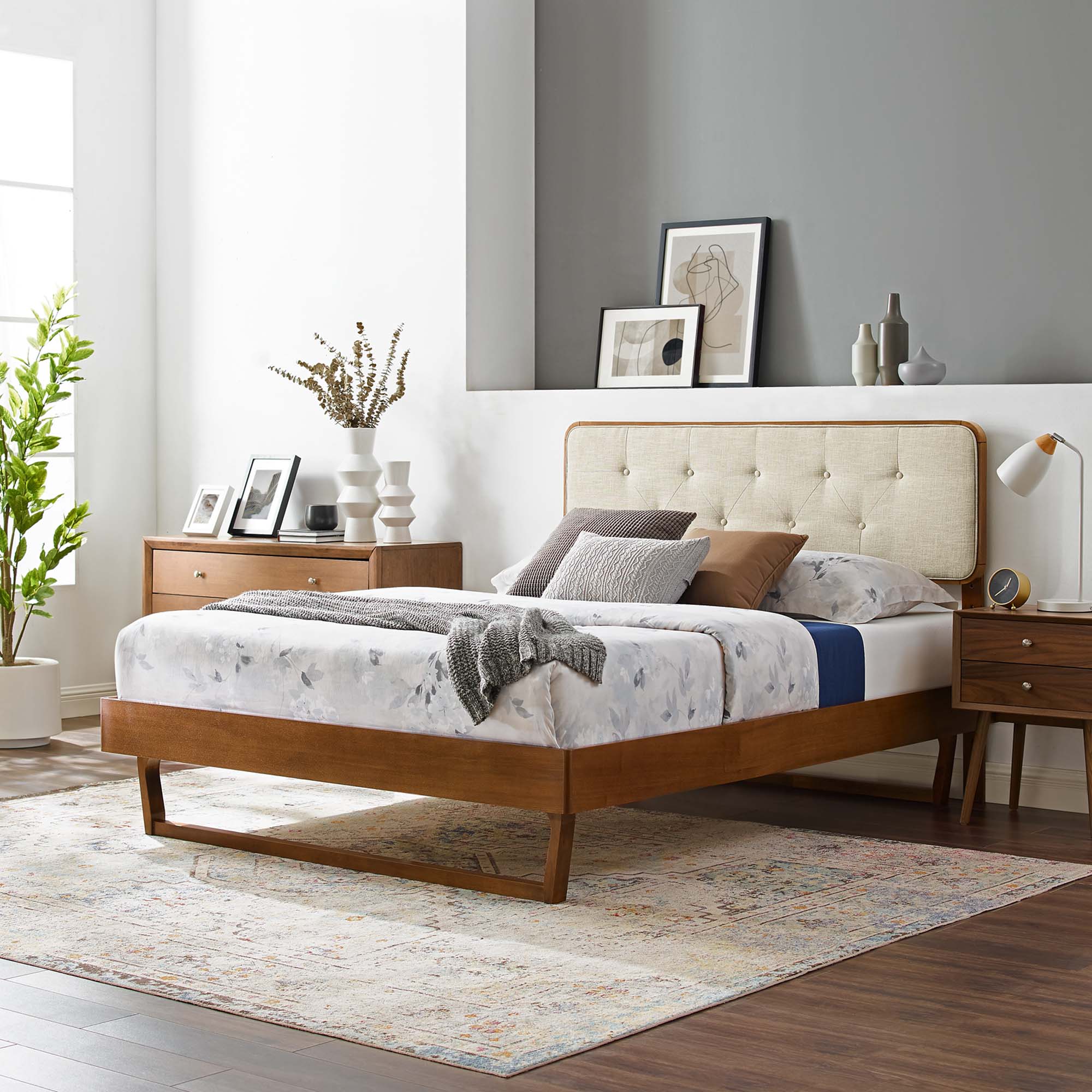 Alinar Twin Walnut Platform Bed Wood Frame with Button Tufted Upholstered Headboard