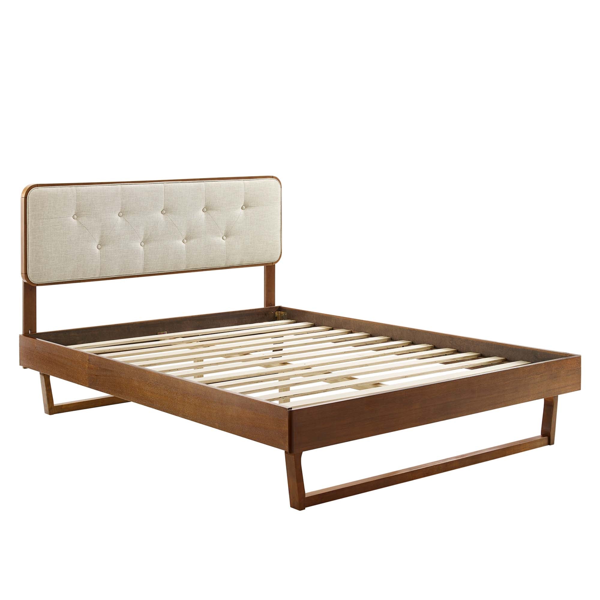 Alinar Twin Walnut Platform Bed – Wood Frame with Button Tufted Upholstered Headboard