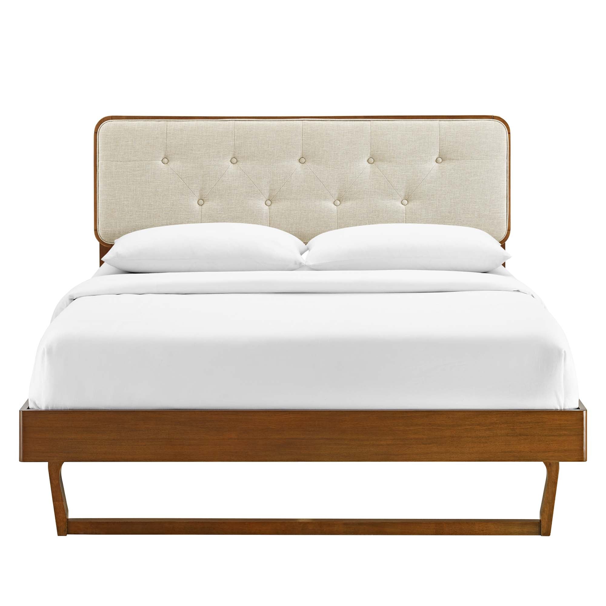 Alinar Twin Walnut Platform Bed – Wood Frame with Button Tufted Upholstered Headboard