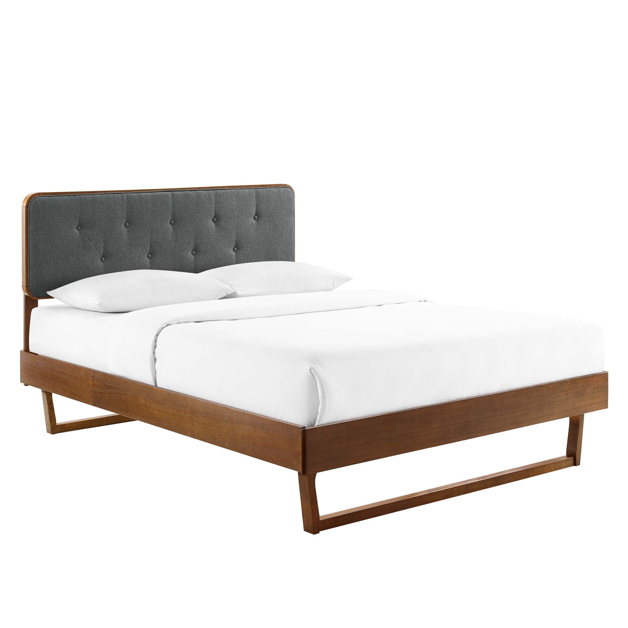 Alinar Twin Walnut Platform Bed – Wood Frame with Button Tufted Upholstered Headboard