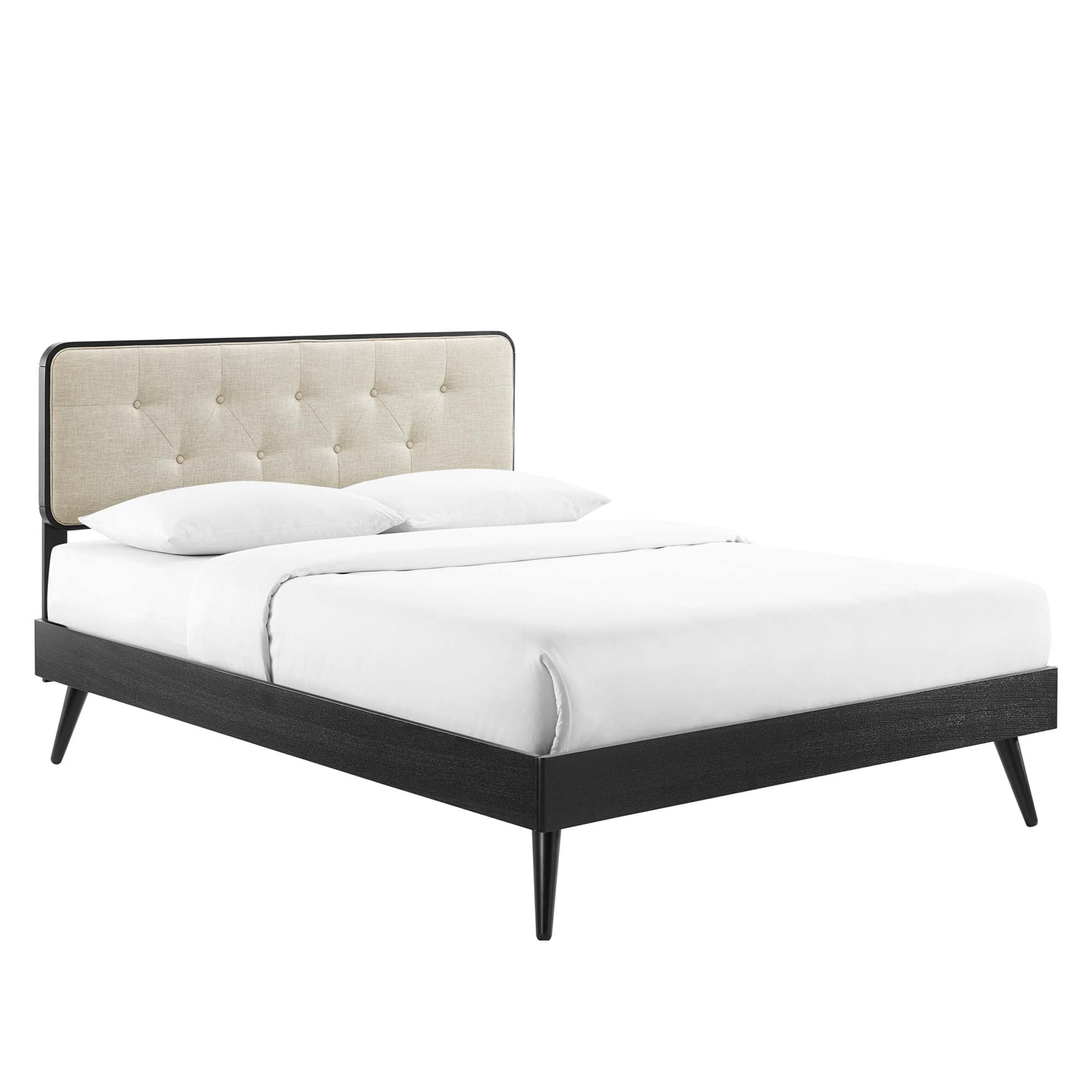 Ilvar Full Wood Veneer Platform Bed – Upholstered Tufted Headboard and Splayed Rubberwood Legs