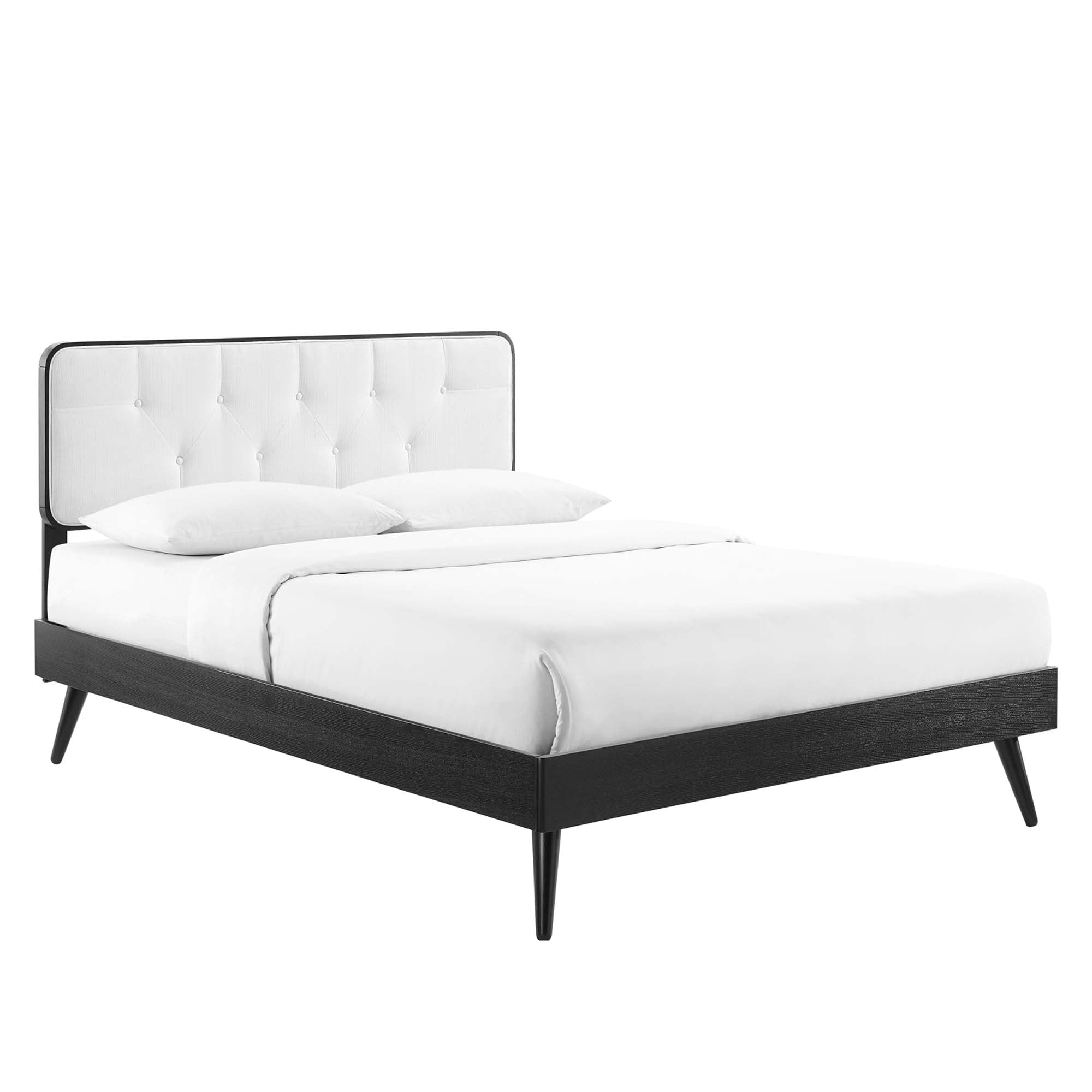 Ilvar Full Wood Veneer Platform Bed – Upholstered Tufted Headboard and Splayed Rubberwood Legs