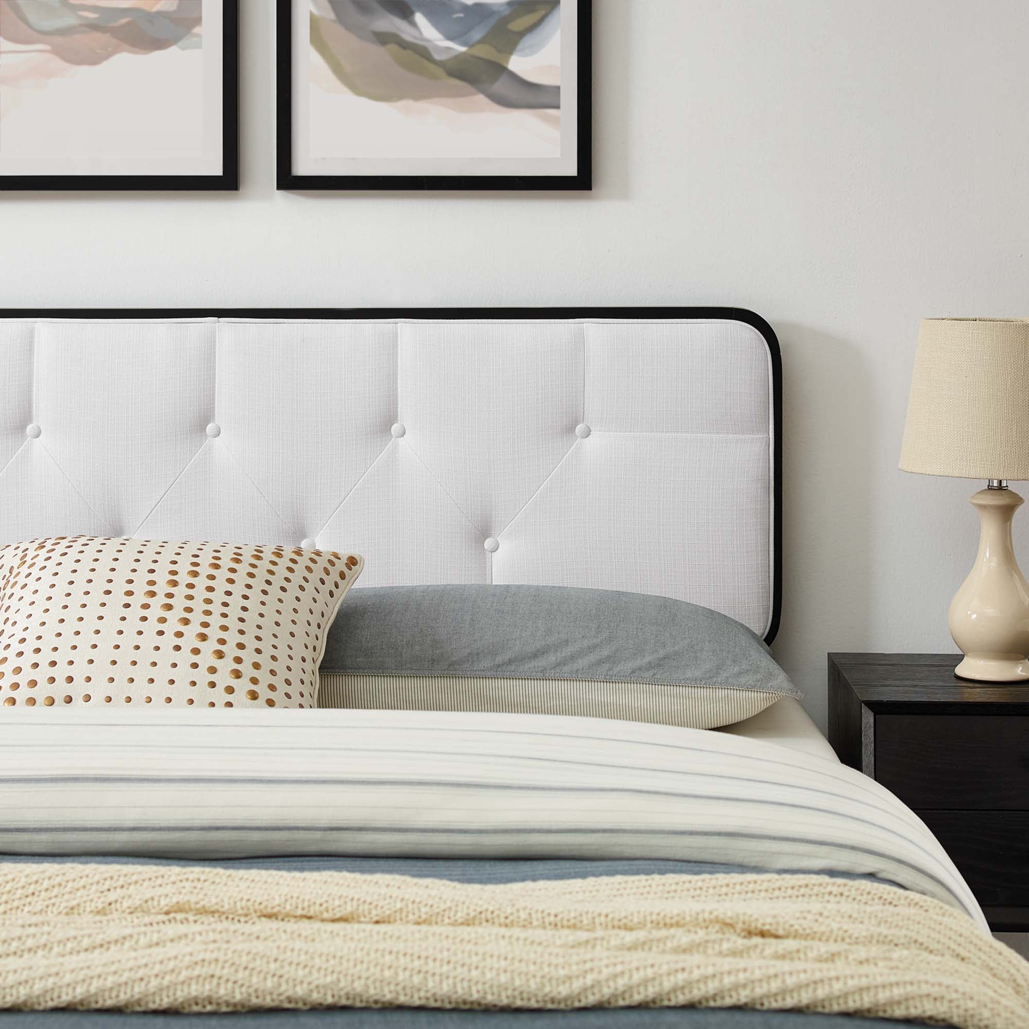 Ilvar Full Wood Veneer Platform Bed – Upholstered Tufted Headboard and Splayed Rubberwood Legs