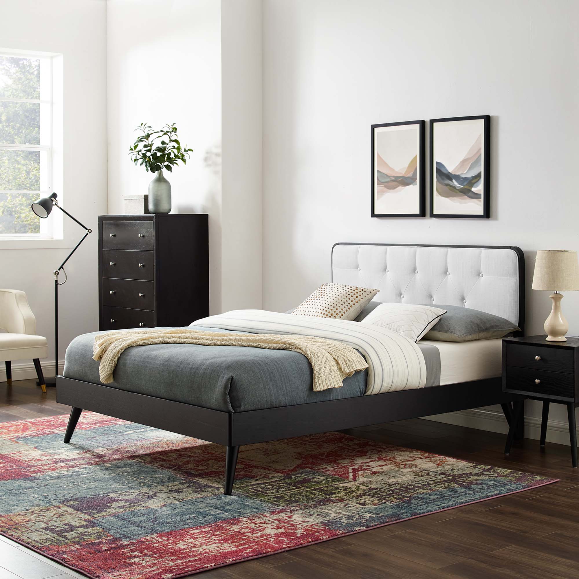 Ilvar Full Wood Veneer Platform Bed – Upholstered Tufted Headboard and Splayed Rubberwood Legs