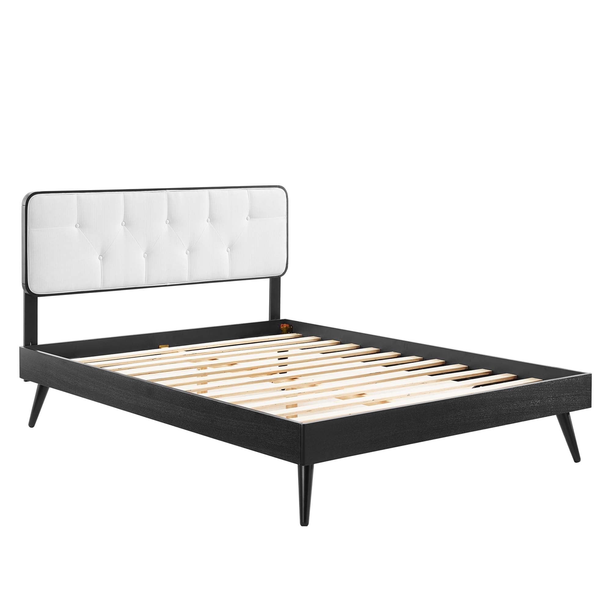 Ilvar Full Wood Veneer Platform Bed – Upholstered Tufted Headboard and Splayed Rubberwood Legs