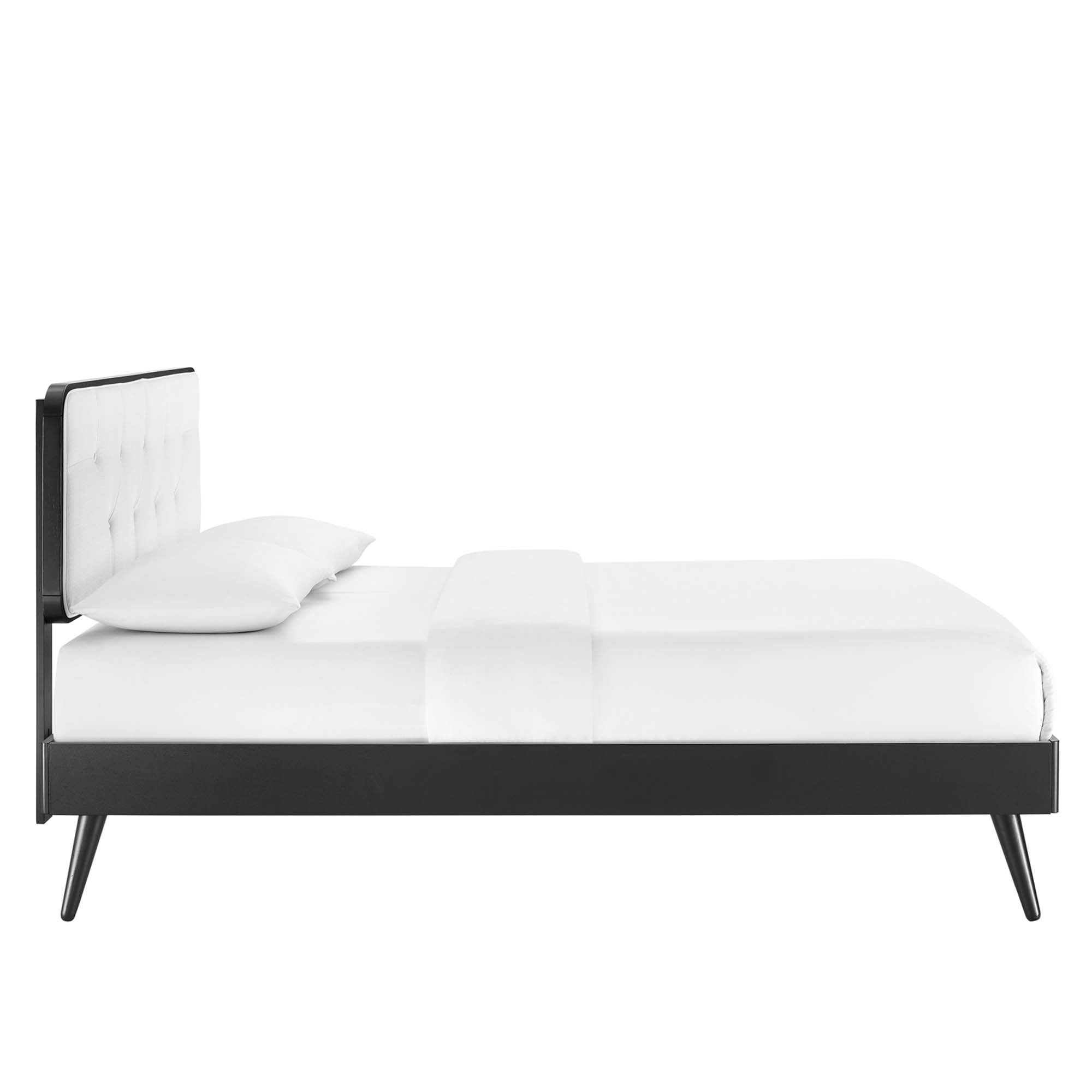 Ilvar Full Wood Veneer Platform Bed – Upholstered Tufted Headboard and Splayed Rubberwood Legs