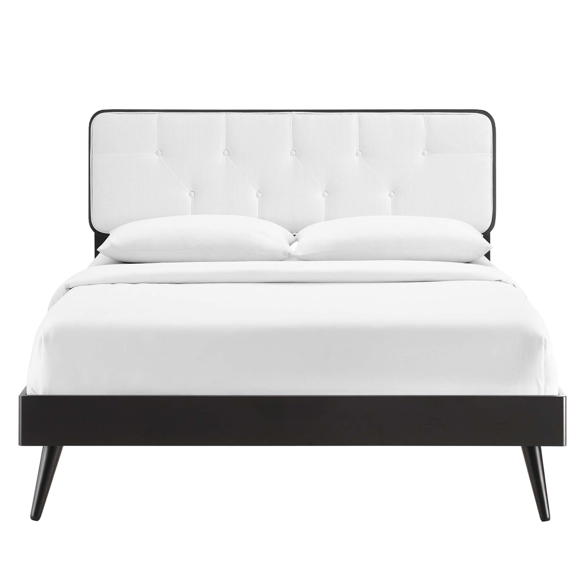 Ilvar Full Wood Veneer Platform Bed – Upholstered Tufted Headboard and Splayed Rubberwood Legs