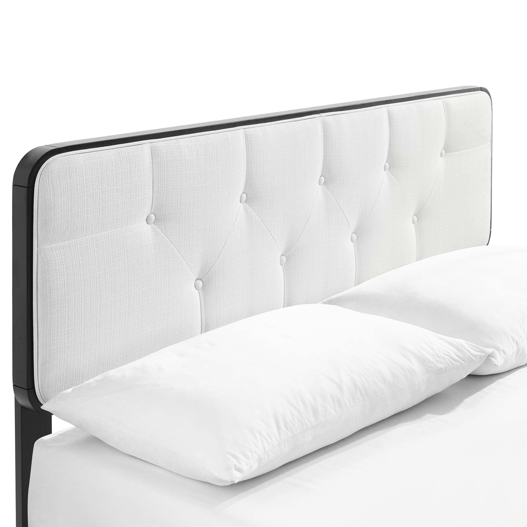 Ilvar Full Wood Veneer Platform Bed – Upholstered Tufted Headboard and Splayed Rubberwood Legs