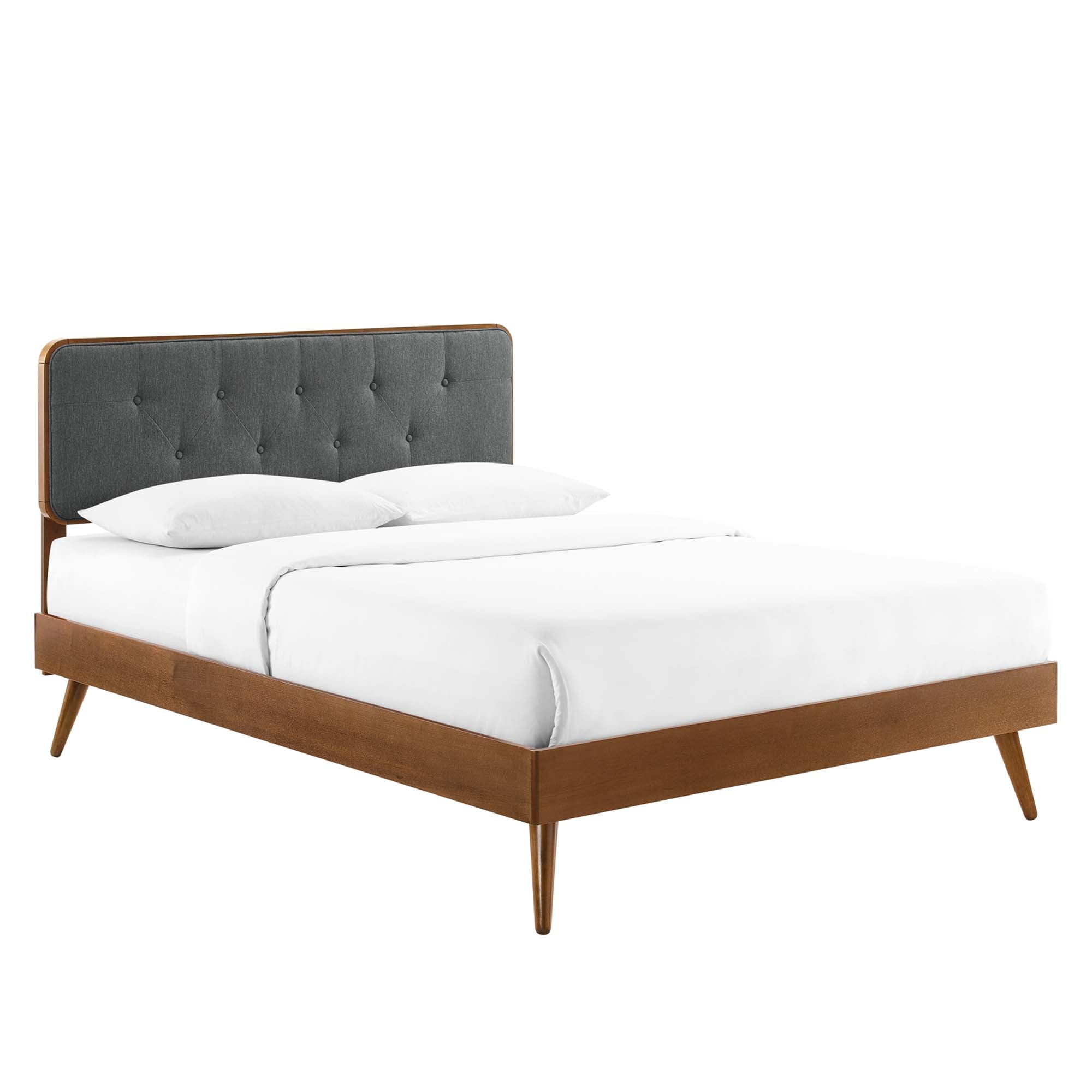 Ilvar Full Wood Veneer Platform Bed – Upholstered Tufted Headboard and Splayed Rubberwood Legs