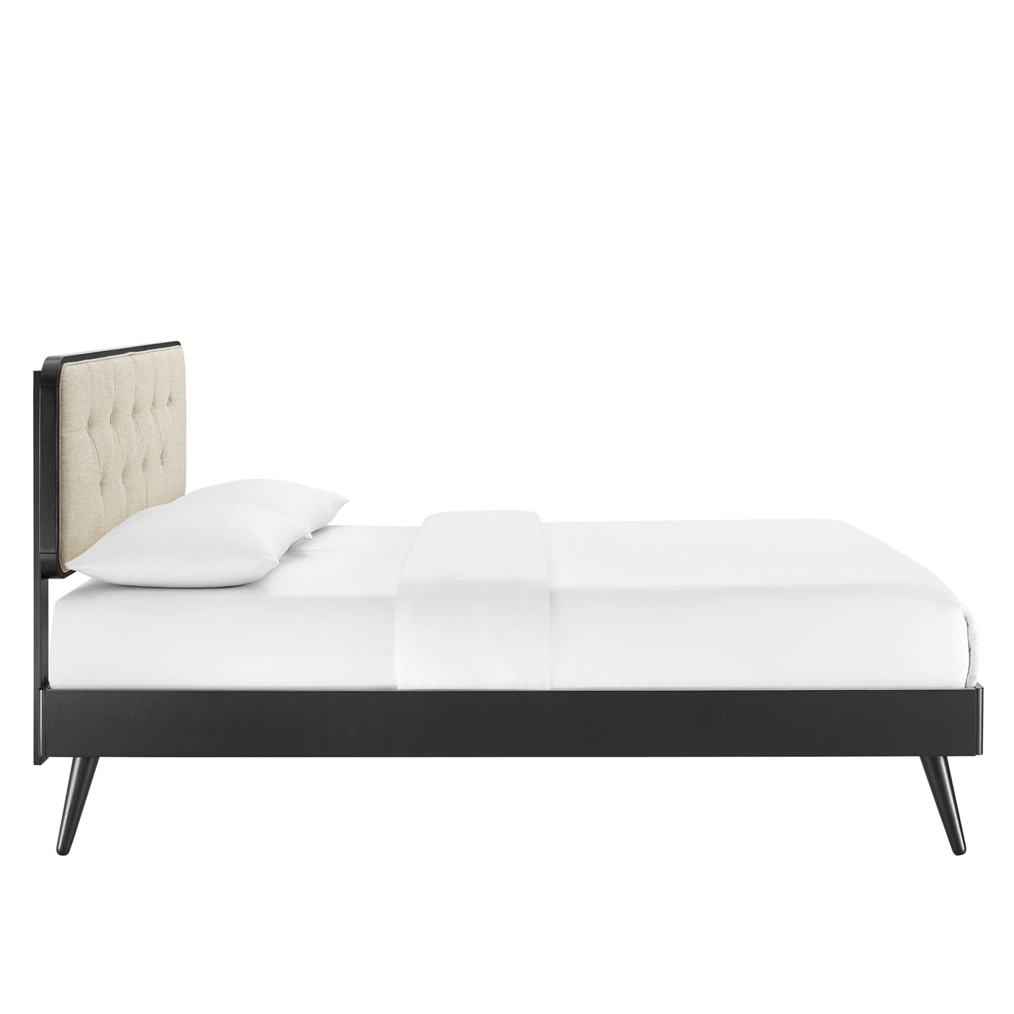 Faenor King Size Wood Platform Bed – Upholstered Headboard with Wood Slat Support