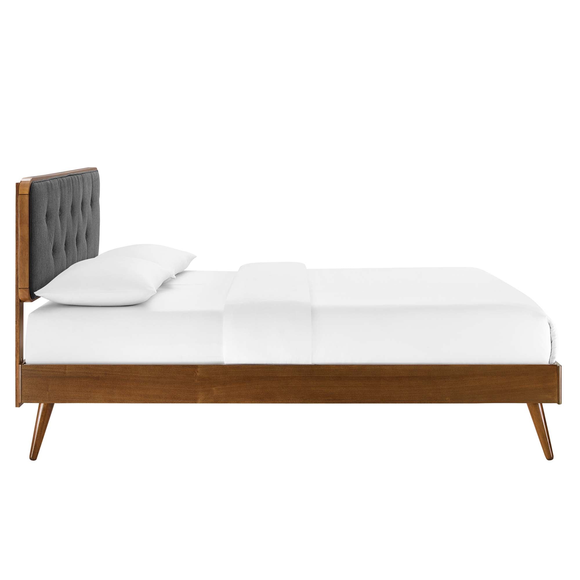 Erynn Twin Platform Bed in Walnut Wood Button-Tufted Retro Style