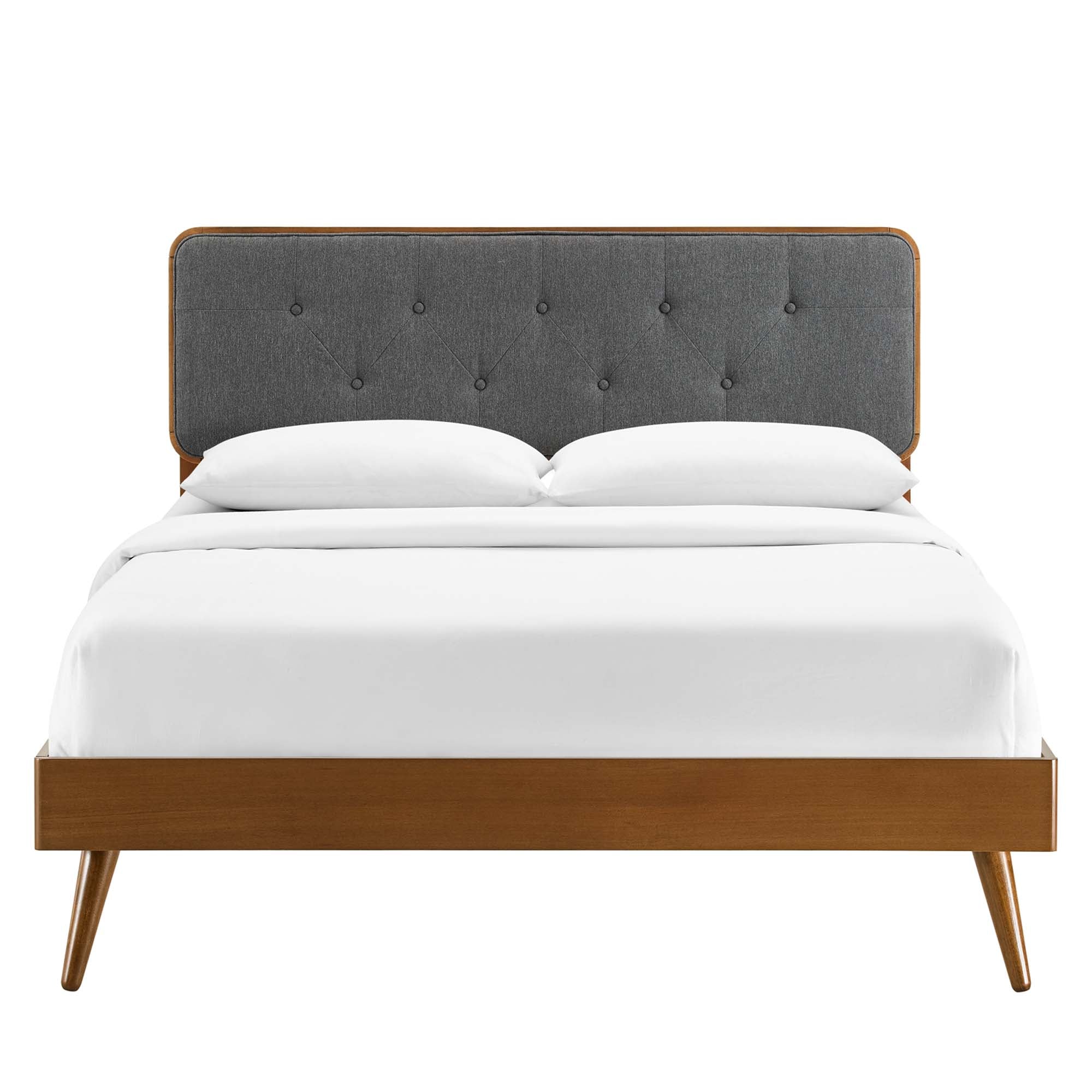 Erynn Twin Platform Bed in Walnut Wood Button-Tufted Retro Style