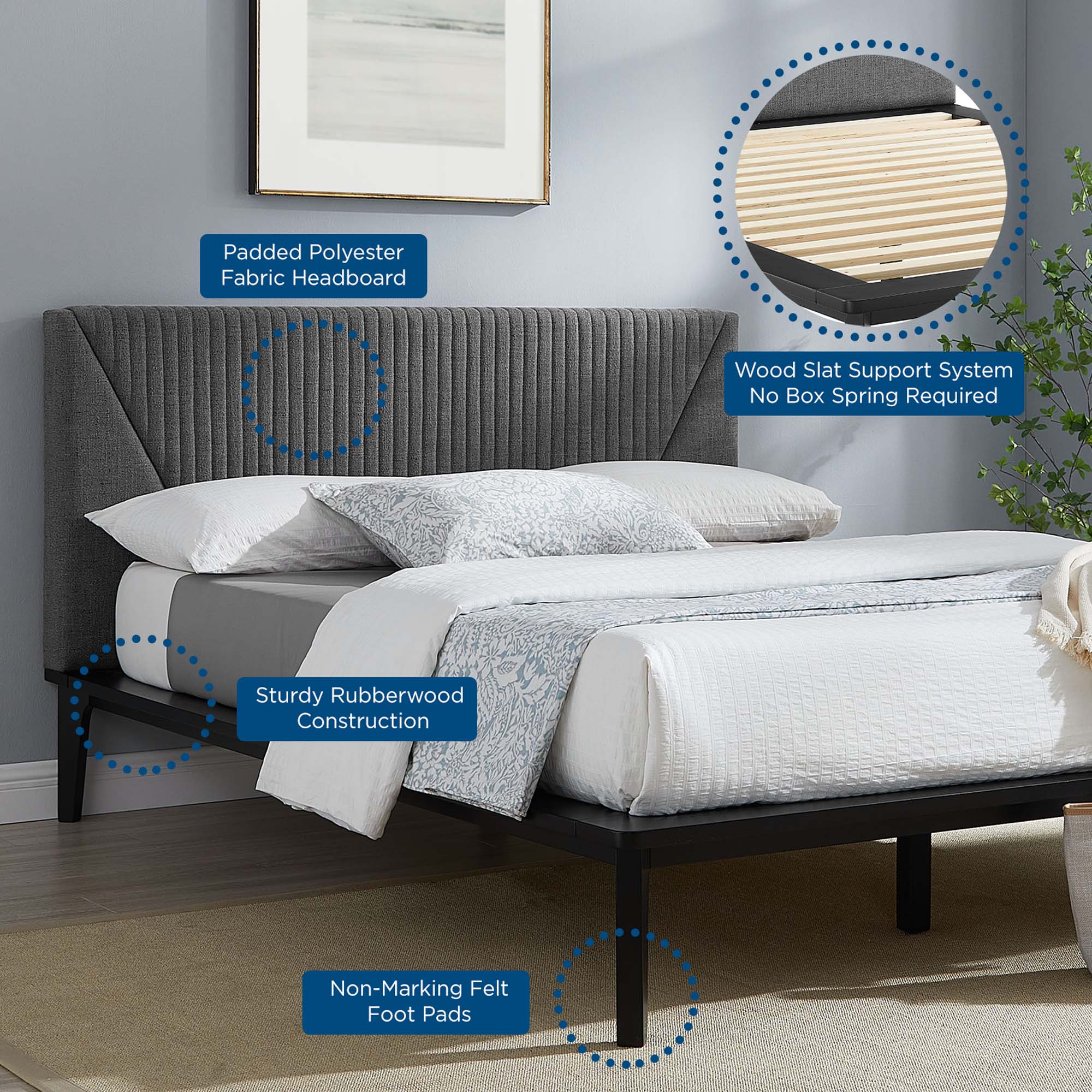 Palermo Queen Polyester Upholstered Platform Bed Padded Headboard Design