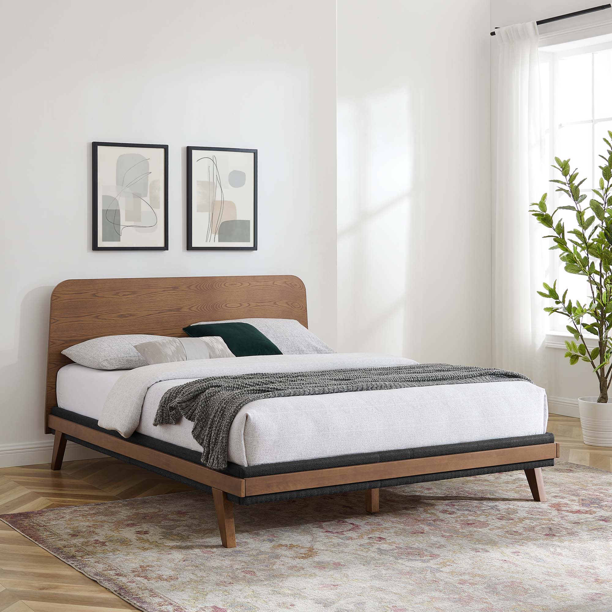 Senjo Walnut Queen Size Platform Bed – Wood Veneer Frame