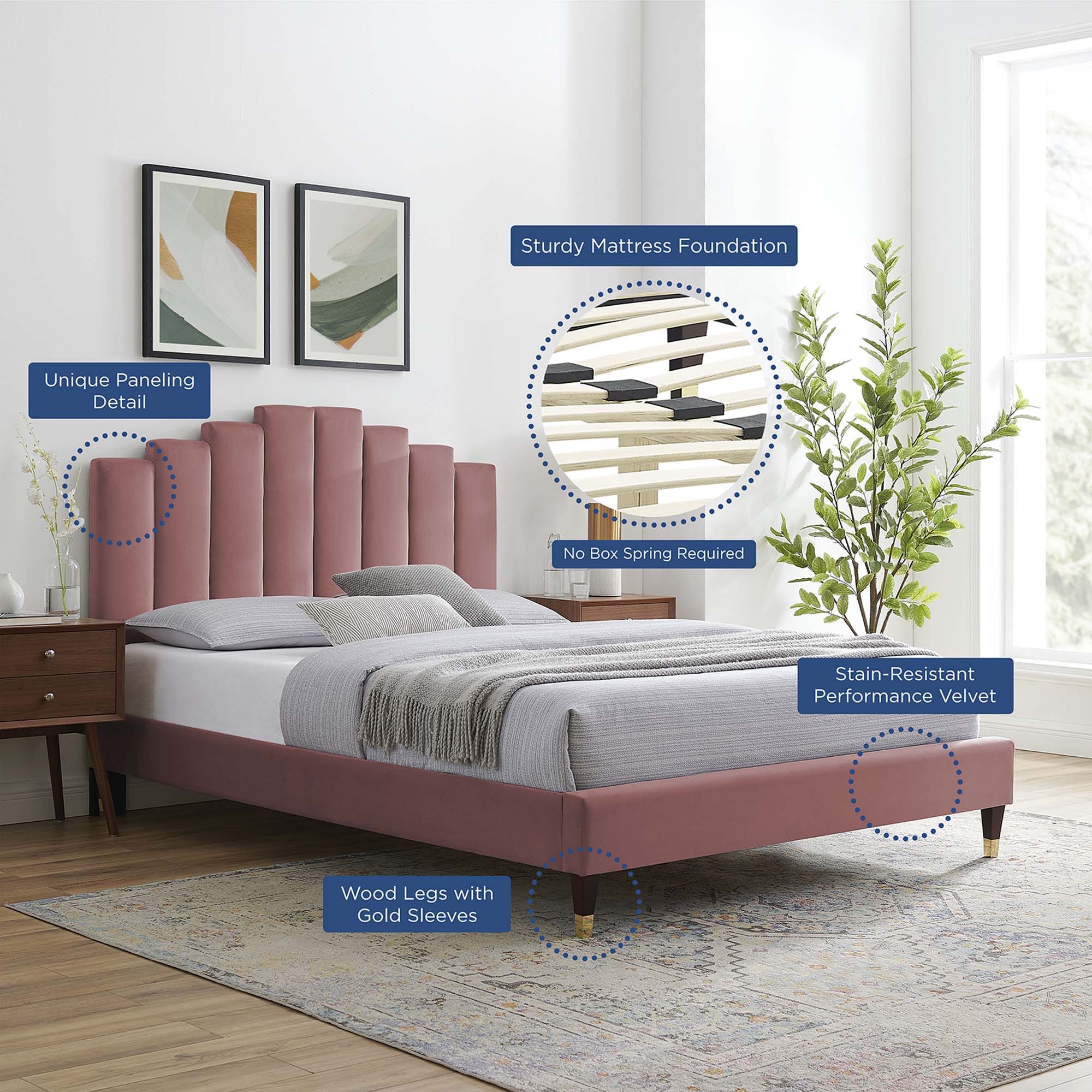 Queen Bremra Performance Velvet Platform Bed – Dusty Rose Stain-Resistant Upholstered